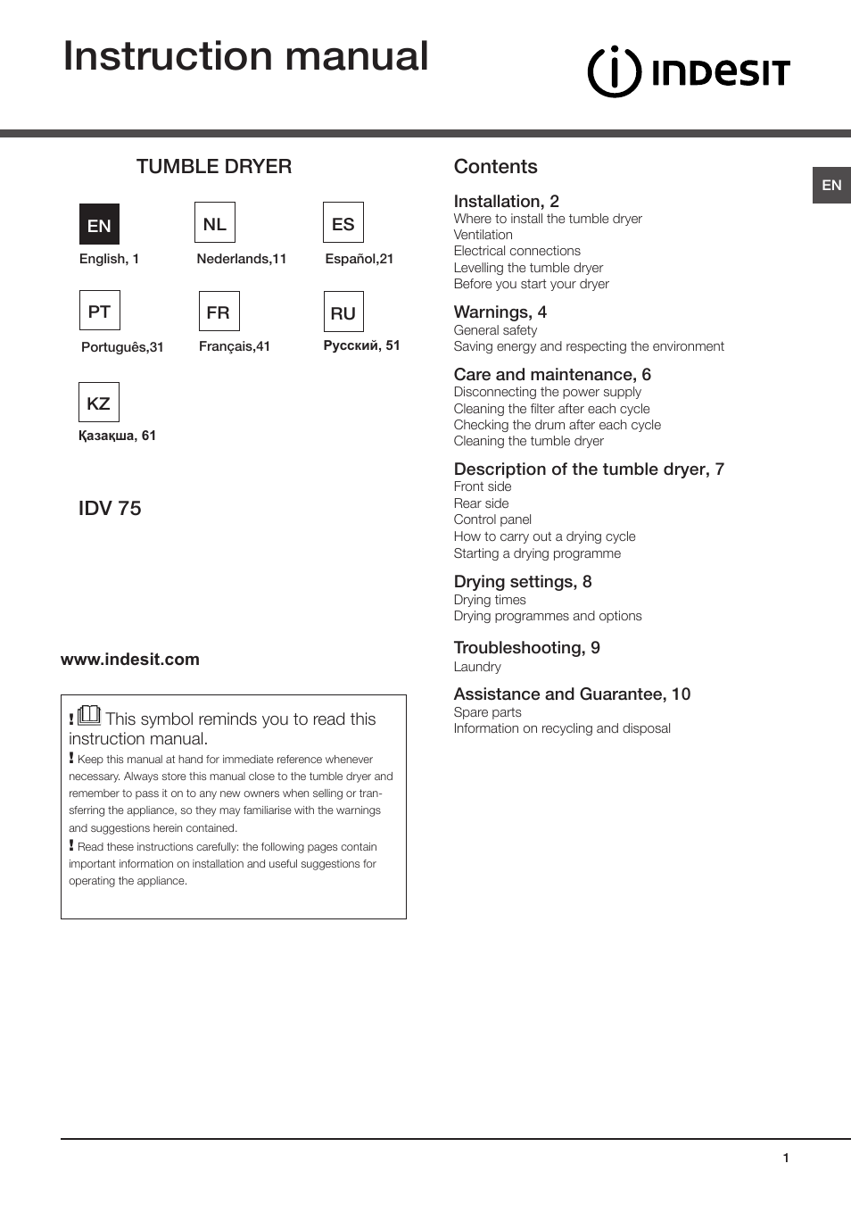 Indesit IDV-75-(EU) User Manual | 70 pages