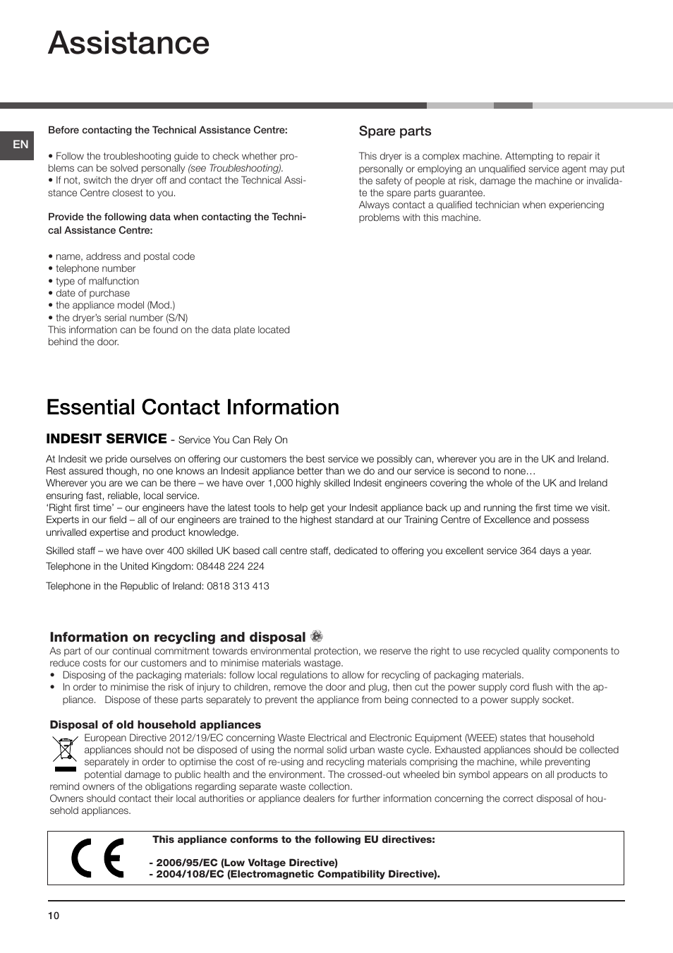 Assistance, Essential contact information | Indesit IDV-75-(EU) User Manual | Page 10 / 70