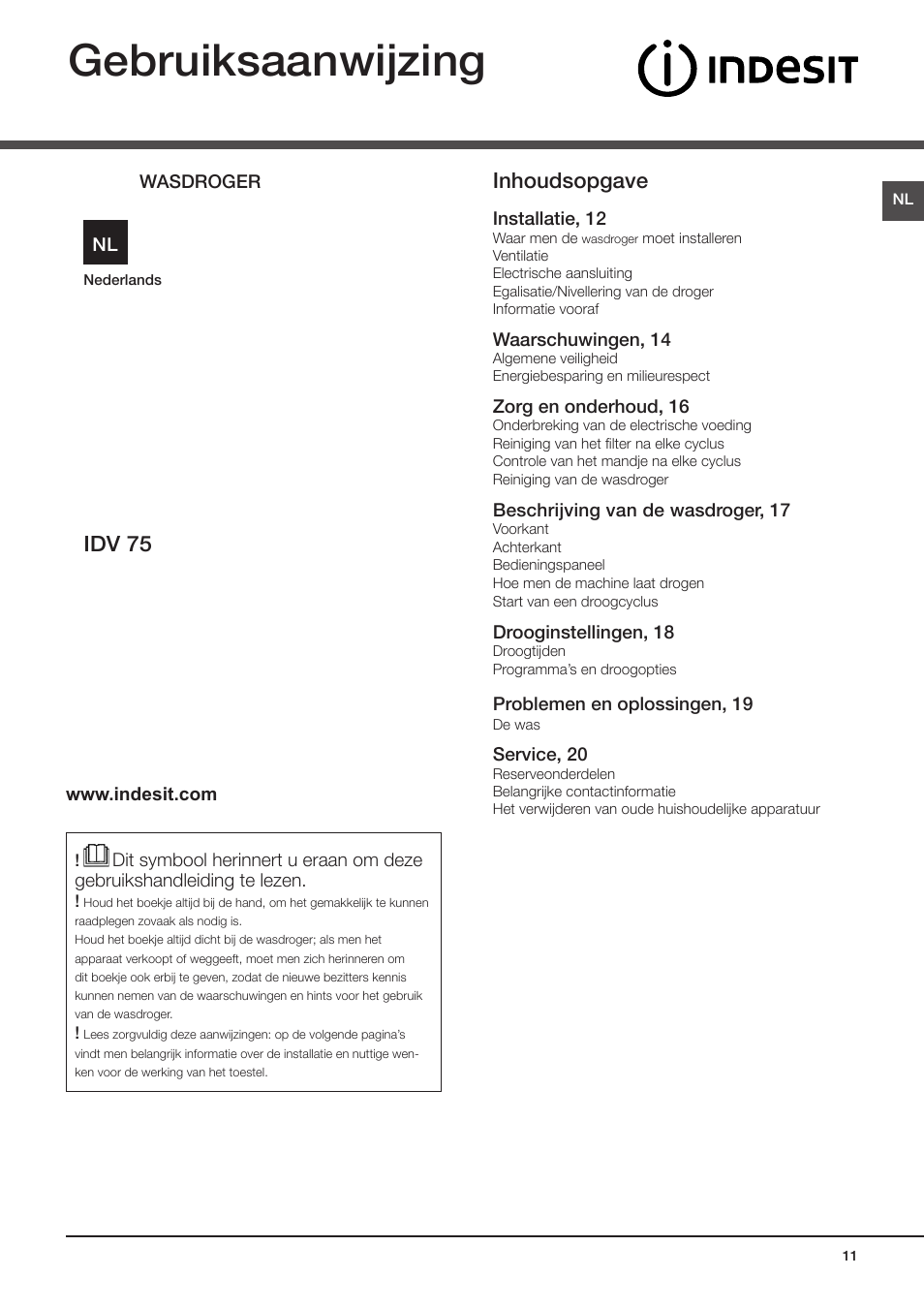 Gebruiksaanwijzing, Idv 75, Inhoudsopgave | Indesit IDV-75-(EU) User Manual | Page 11 / 70