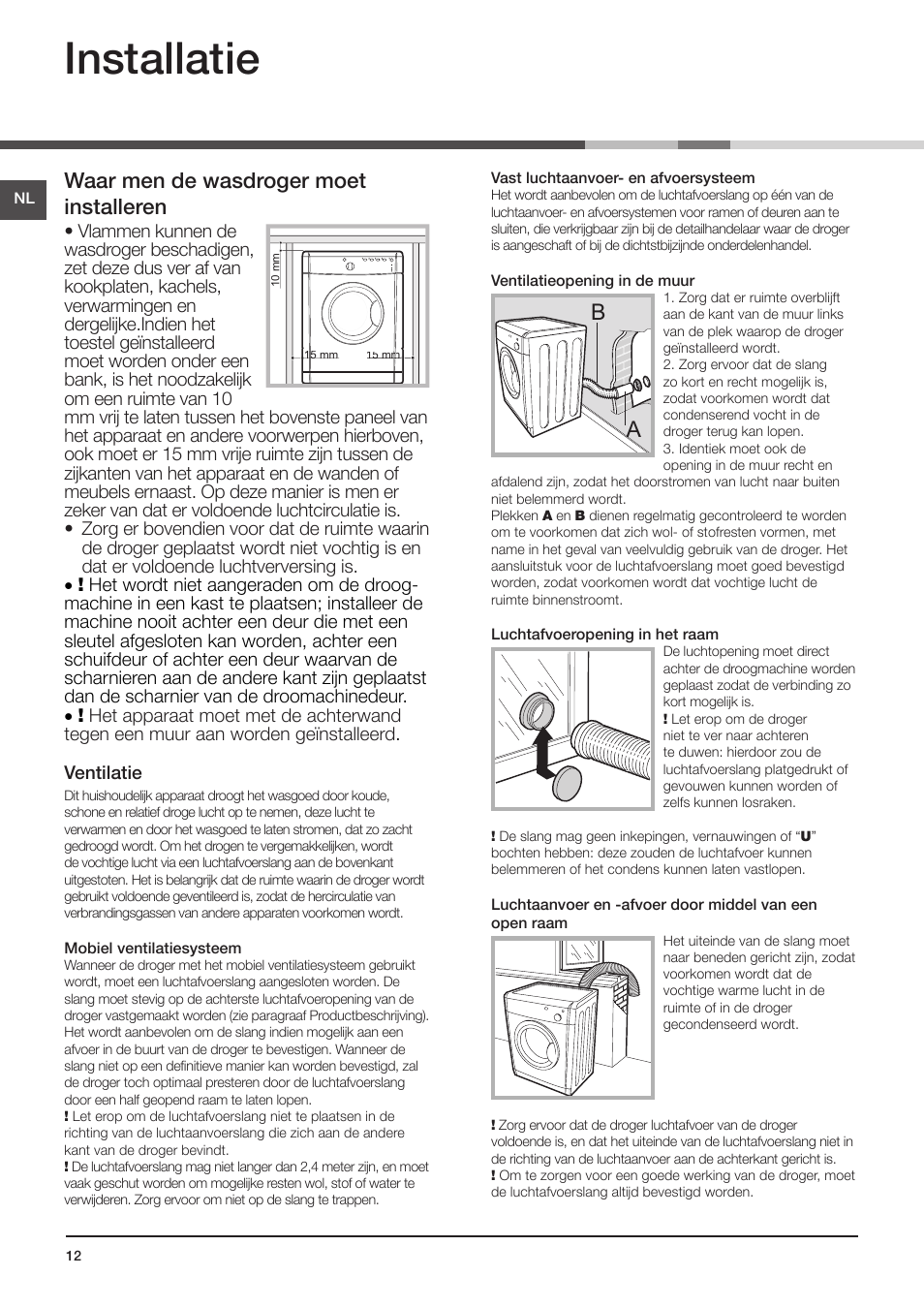 Installatie, Waar men de wasdroger moet installeren, Electrische aansluiting | Indesit IDV-75-(EU) User Manual | Page 12 / 70