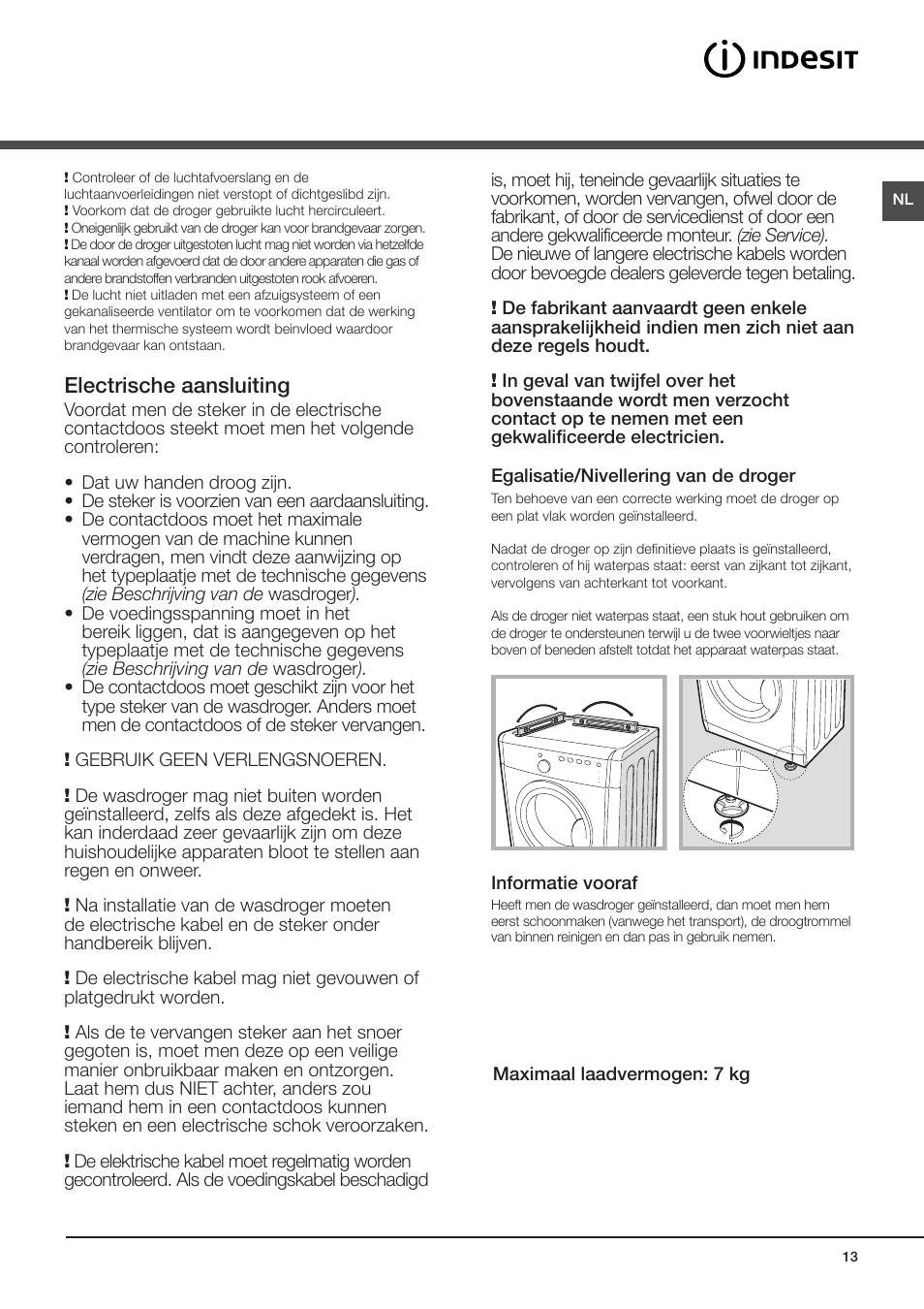 Installatie, Waar men de wasdroger moet installeren, Electrische aansluiting | Indesit IDV-75-(EU) User Manual | Page 13 / 70