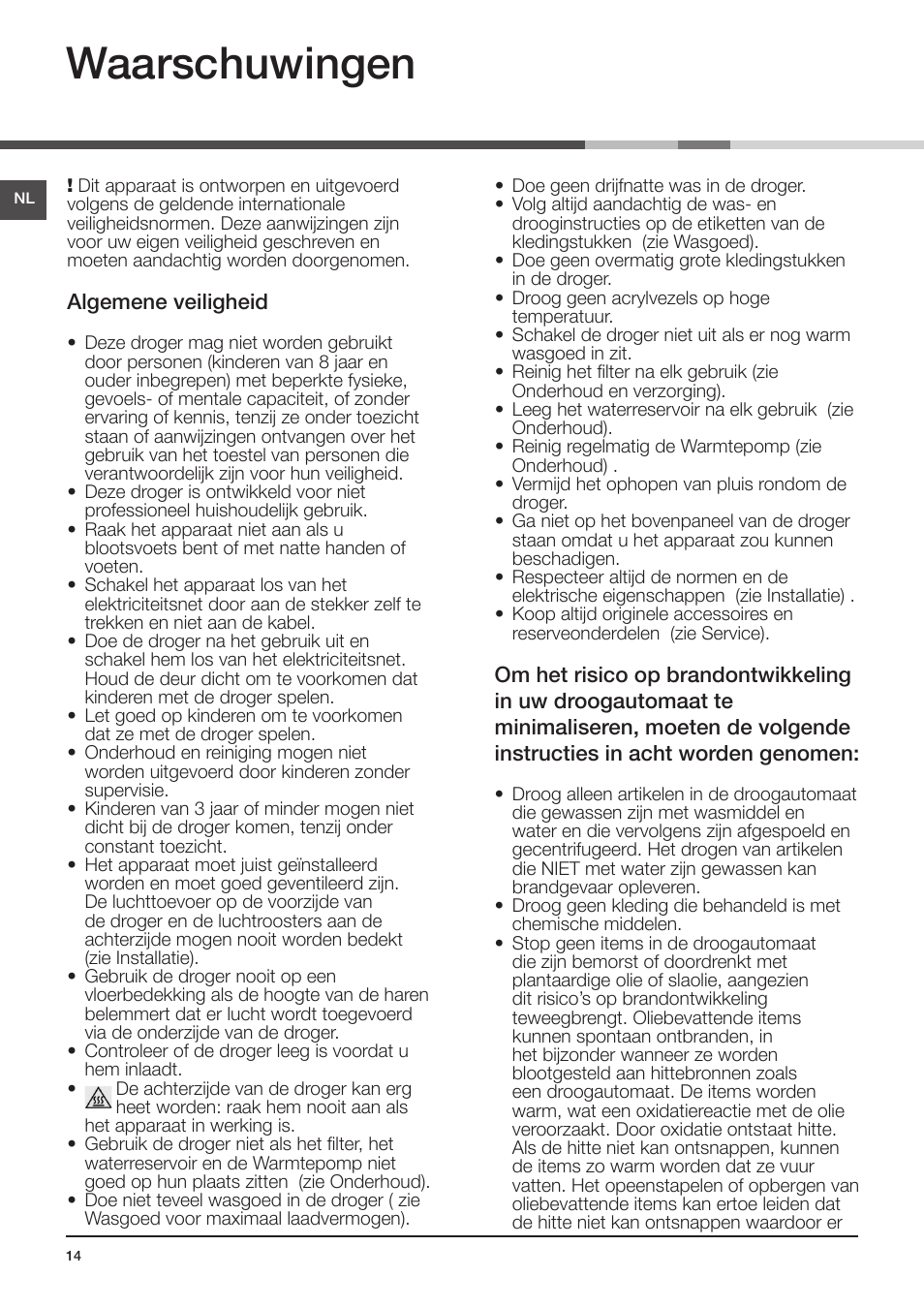 Waarschuwingen | Indesit IDV-75-(EU) User Manual | Page 14 / 70