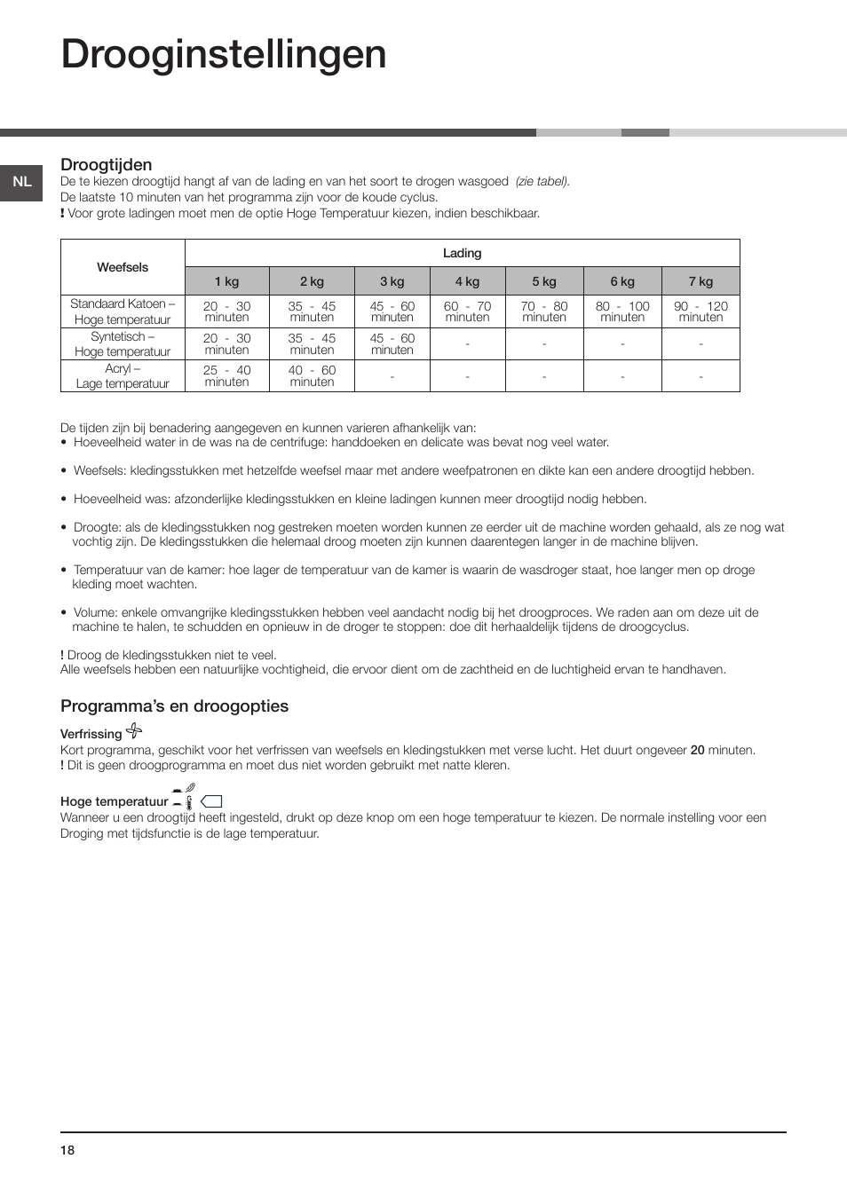Drooginstellingen, Droogtijden, Programma’s en droogopties | Indesit IDV-75-(EU) User Manual | Page 18 / 70