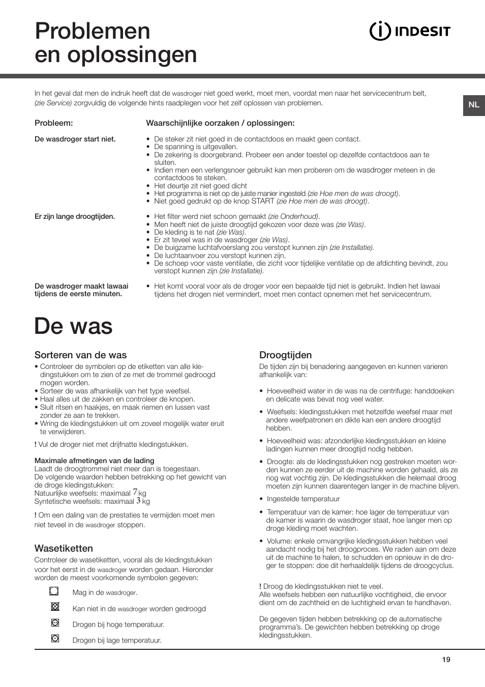 Problemen en oplossingen, De was, Sorteren van de was | Wasetiketten, Droogtijden | Indesit IDV-75-(EU) User Manual | Page 19 / 70