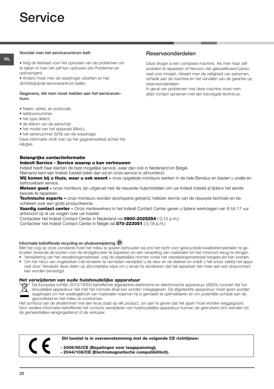 Service, Reserveonderdelen | Indesit IDV-75-(EU) User Manual | Page 20 / 70