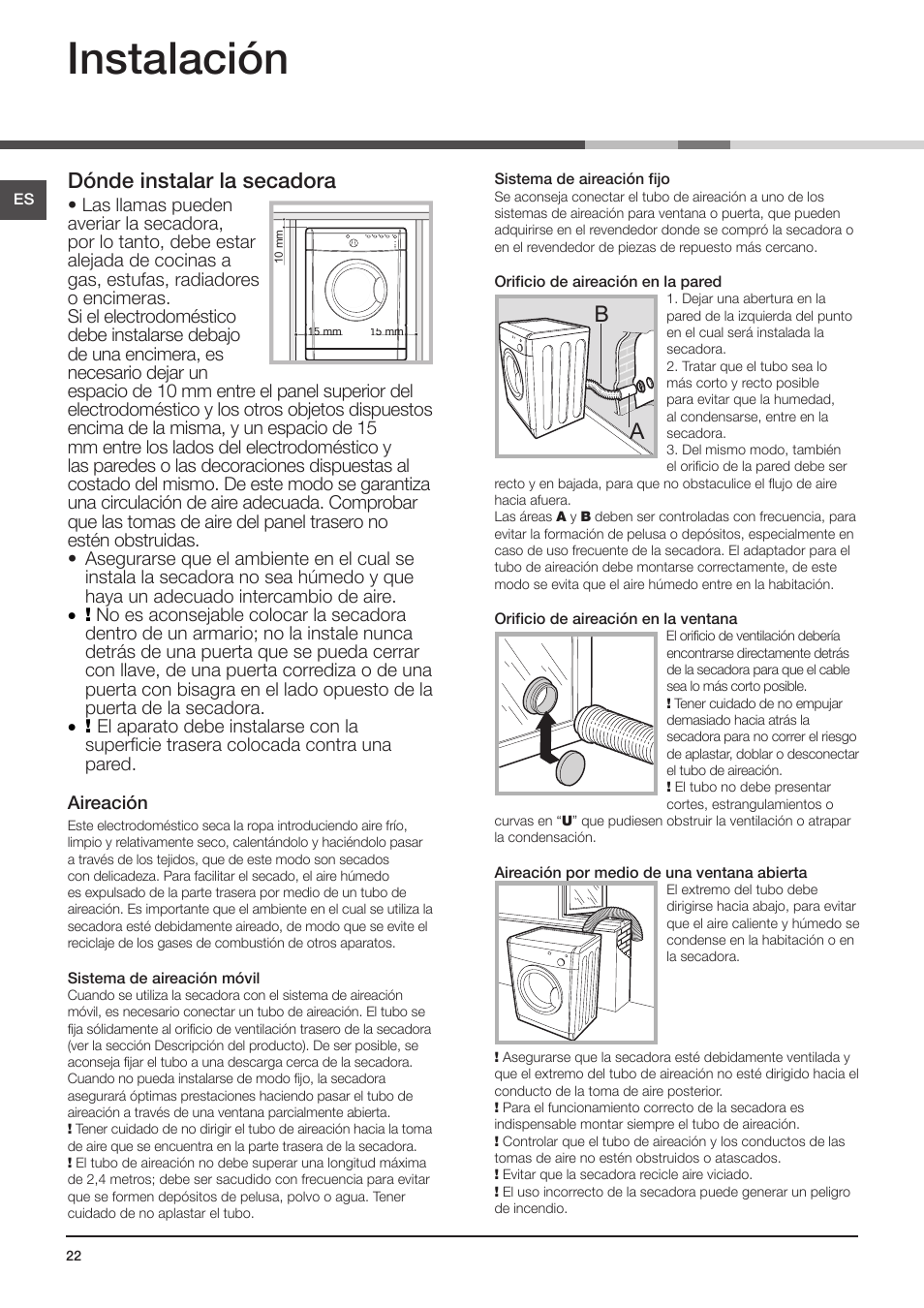 Instalación, Dónde instalar la secadora, Conexión eléctrica | Nivelación de la secadora | Indesit IDV-75-(EU) User Manual | Page 22 / 70
