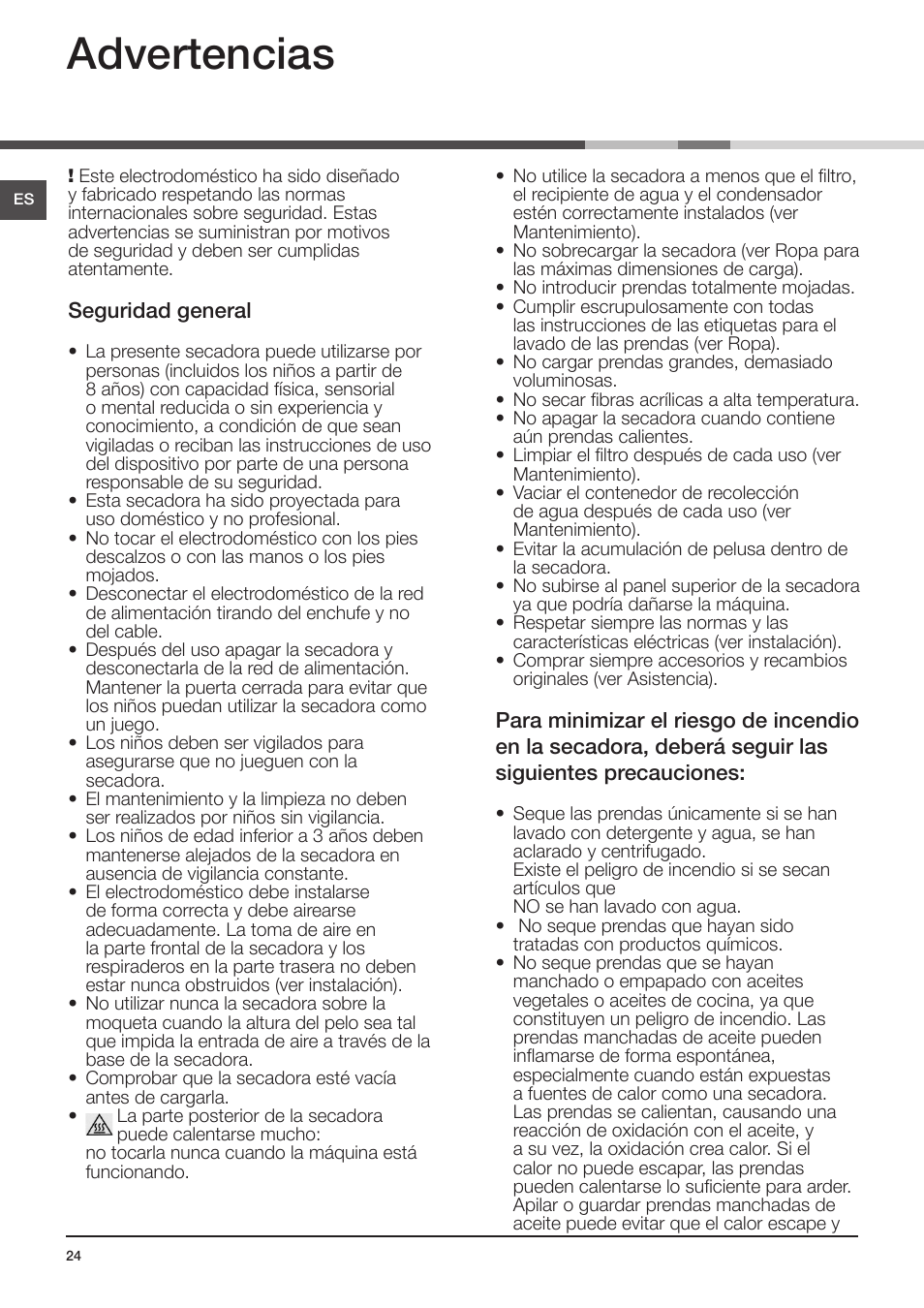 Advertencias | Indesit IDV-75-(EU) User Manual | Page 24 / 70