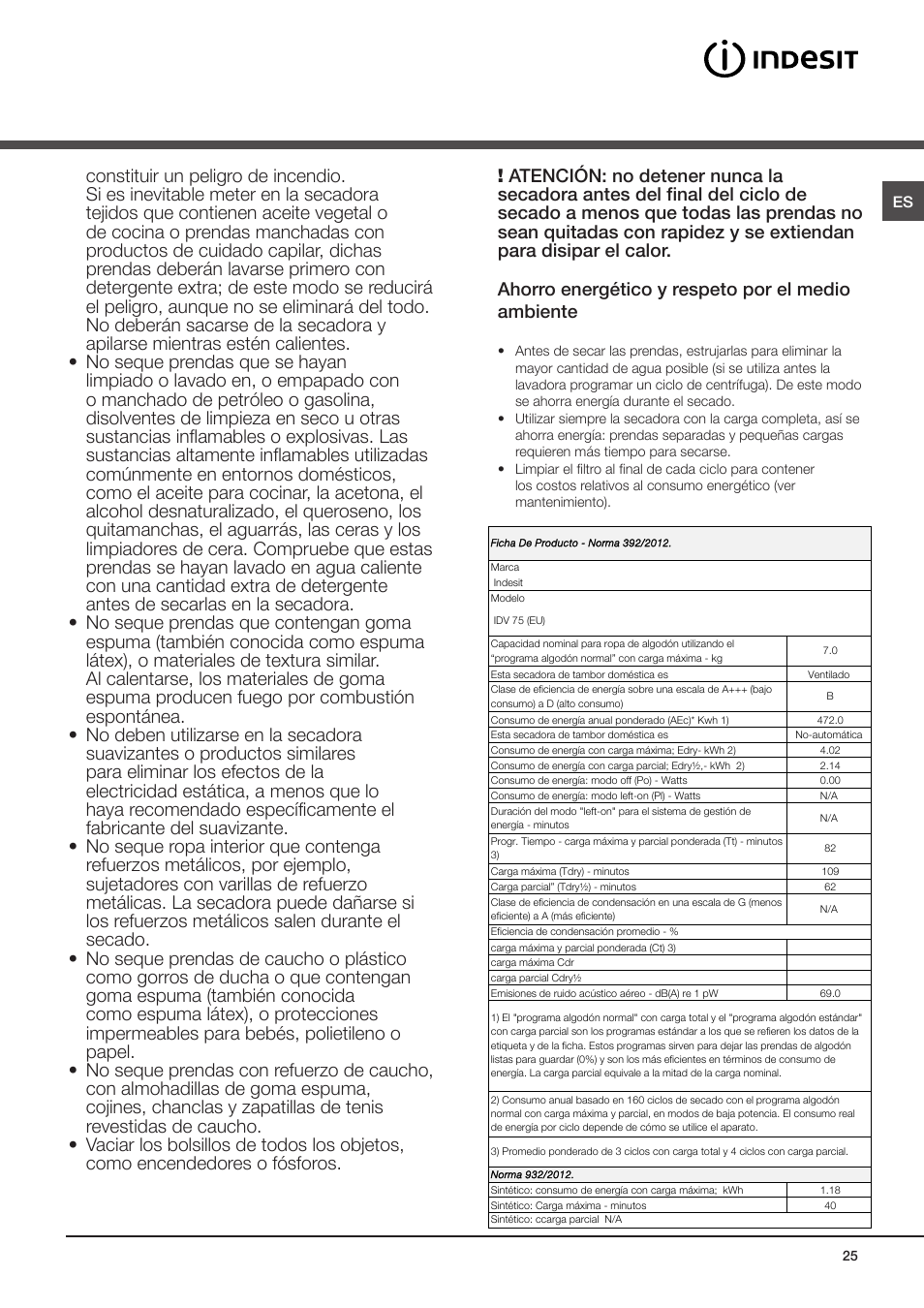 Advertencias, Seguridad general | Indesit IDV-75-(EU) User Manual | Page 25 / 70