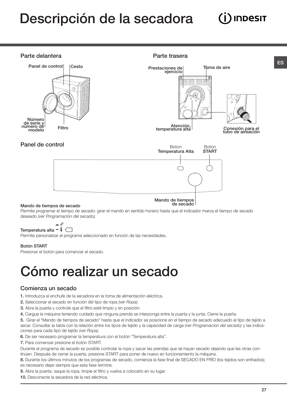 Descripción de la secadora, Cómo realizar un secado | Indesit IDV-75-(EU) User Manual | Page 27 / 70