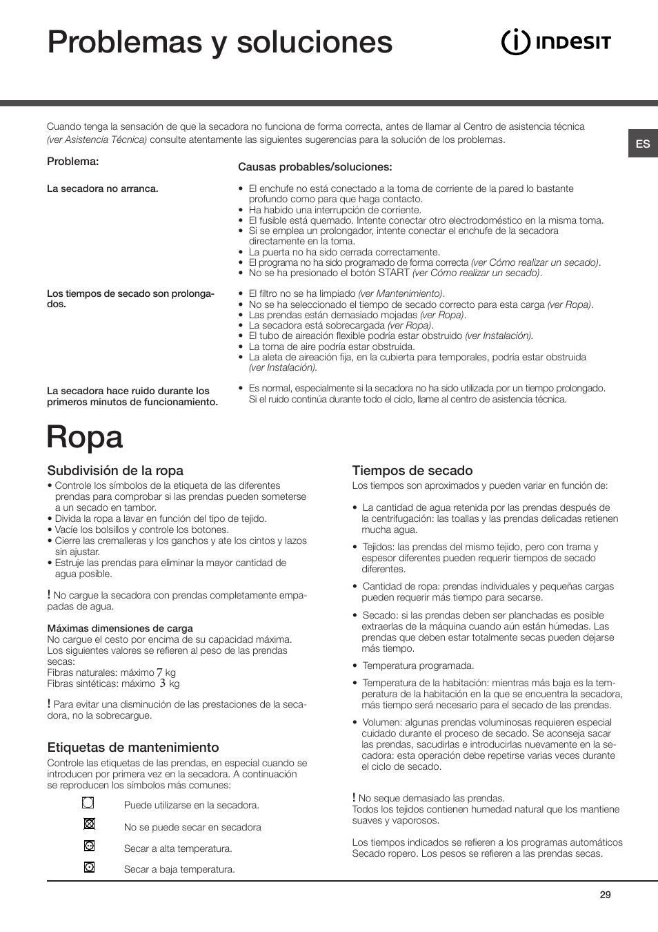 Problemas y soluciones, Ropa, Subdivisión de la ropa | Etiquetas de mantenimiento, Tiempos de secado | Indesit IDV-75-(EU) User Manual | Page 29 / 70