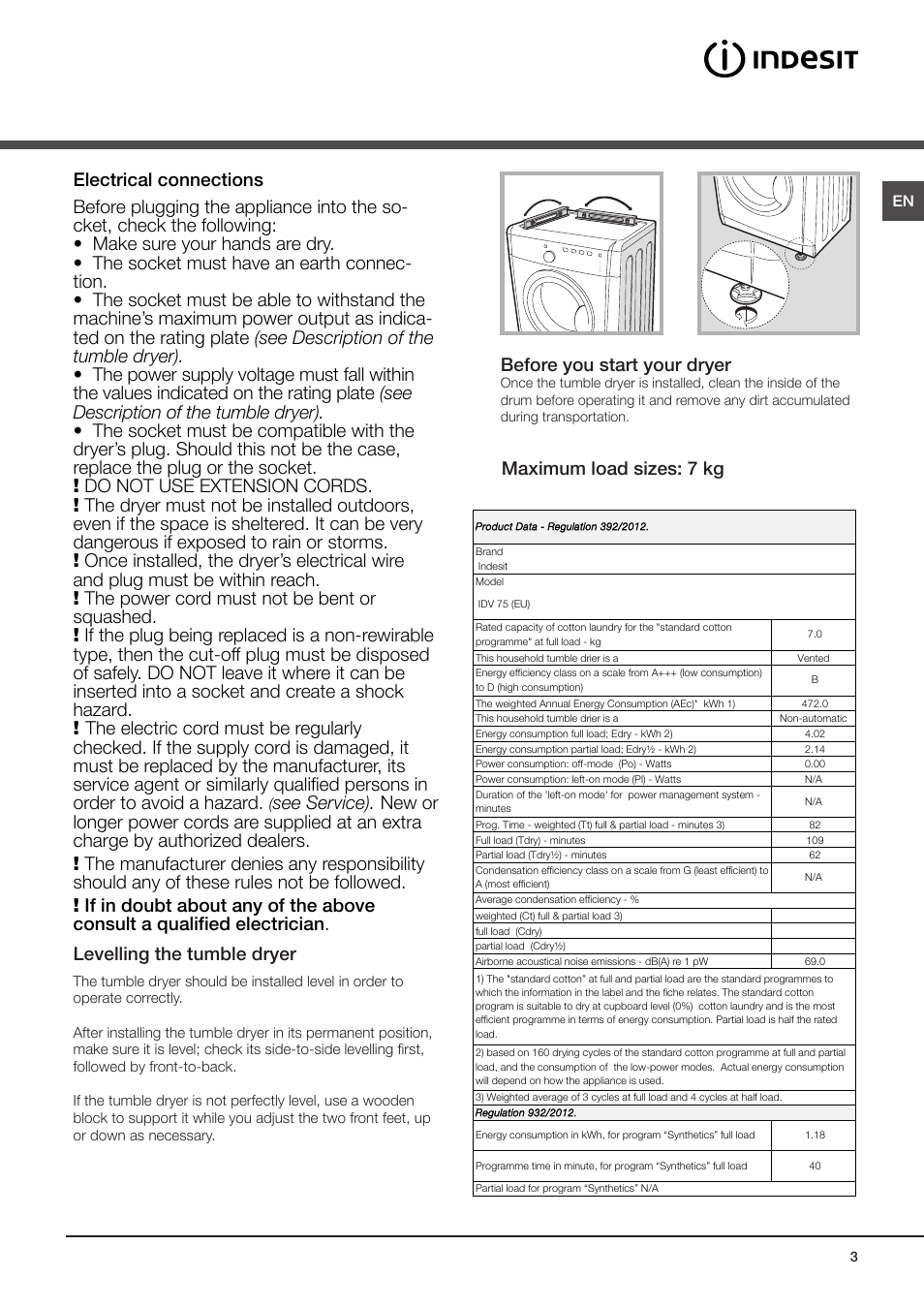 Installation, Where to install the tumble dryer, Before you start your dryer | Maximum load sizes: 7 kg | Indesit IDV-75-(EU) User Manual | Page 3 / 70