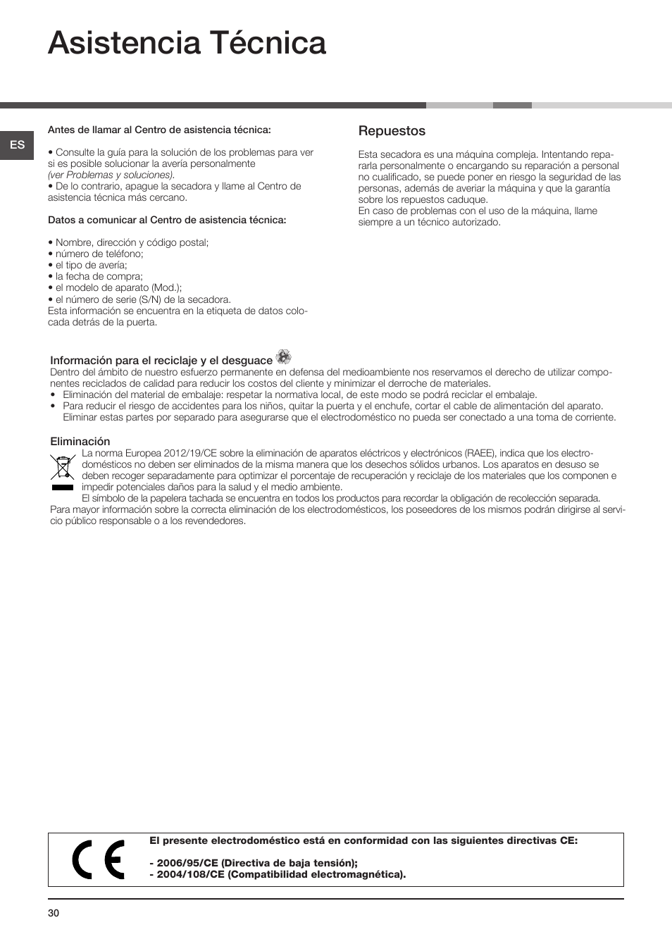 Asistencia técnica, Repuestos | Indesit IDV-75-(EU) User Manual | Page 30 / 70