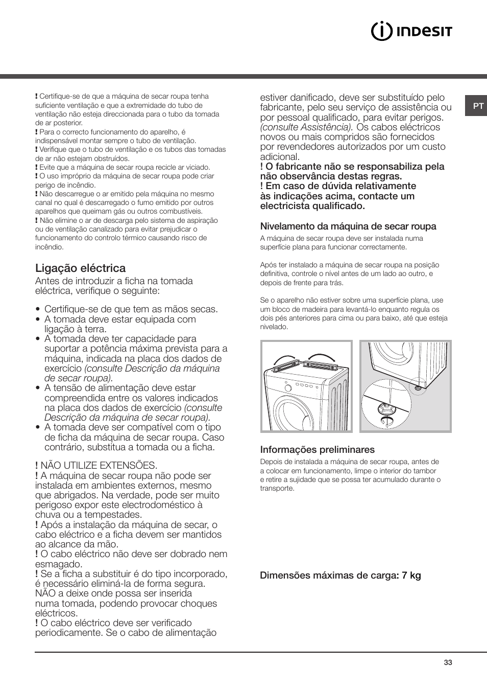 Instalação, Onde instalar a máquina de secar roupa, Ligação eléctrica | Indesit IDV-75-(EU) User Manual | Page 33 / 70