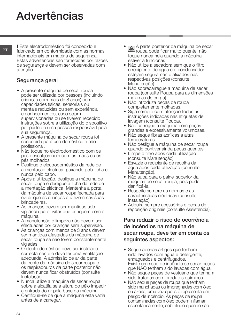 Advertências | Indesit IDV-75-(EU) User Manual | Page 34 / 70