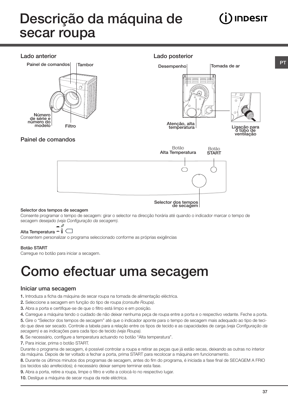 Descrição da máquina de secar roupa, Como efectuar uma secagem | Indesit IDV-75-(EU) User Manual | Page 37 / 70