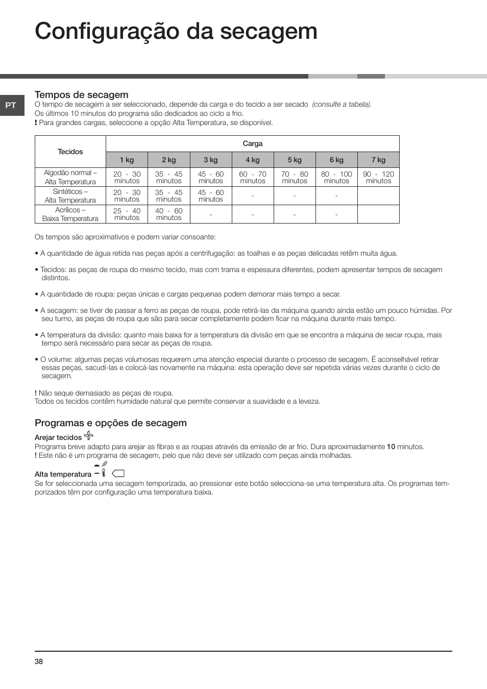 Configuração da secagem, Tempos de secagem, Programas e opções de secagem | Indesit IDV-75-(EU) User Manual | Page 38 / 70