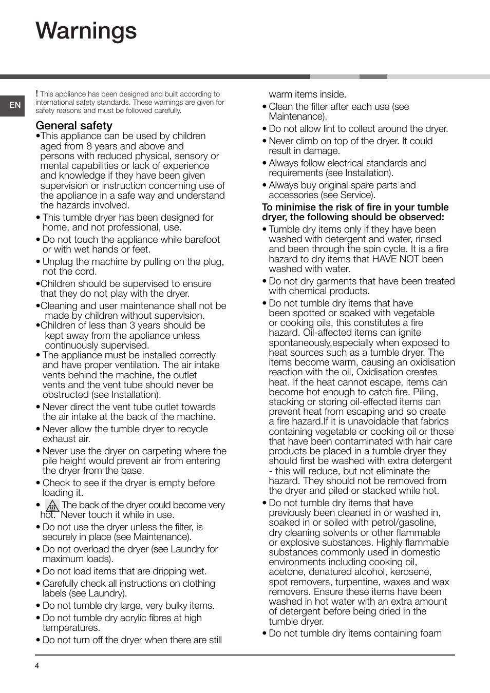 Warnings | Indesit IDV-75-(EU) User Manual | Page 4 / 70