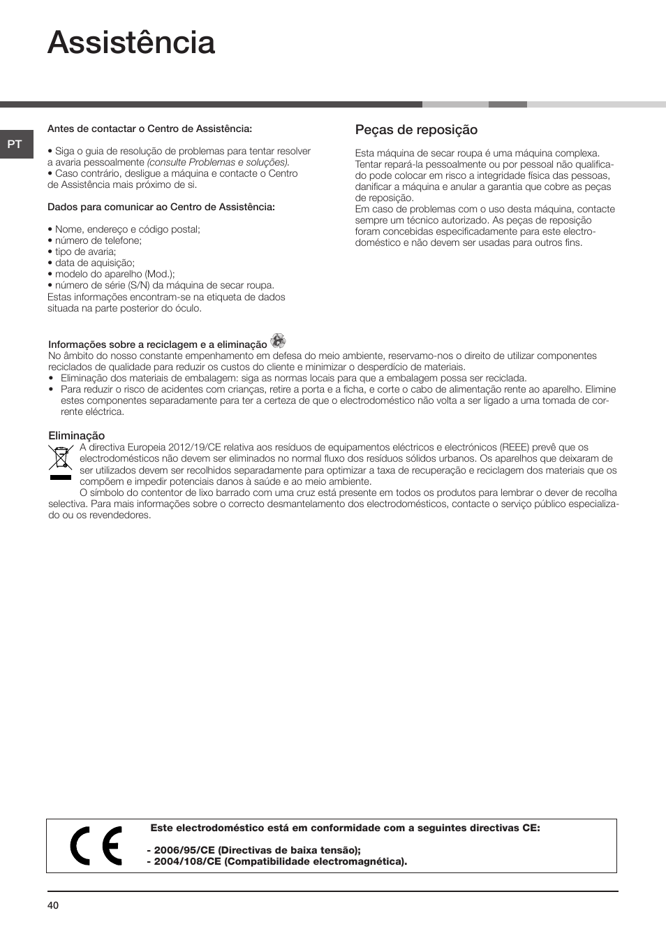 Assistência, Peças de reposição | Indesit IDV-75-(EU) User Manual | Page 40 / 70