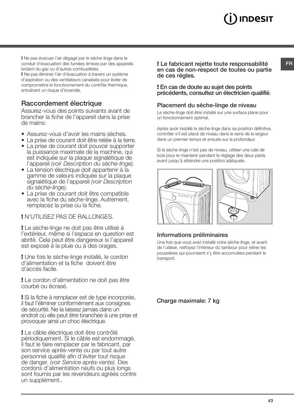 Installation, Où installer le sèche-linge, Raccordement électrique | Indesit IDV-75-(EU) User Manual | Page 43 / 70