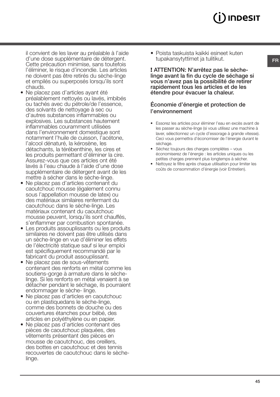 Précautions | Indesit IDV-75-(EU) User Manual | Page 45 / 70