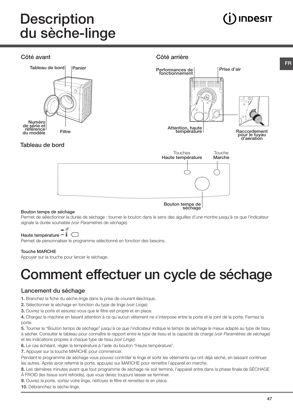 Description du sèche-linge, Comment effectuer un cycle de séchage | Indesit IDV-75-(EU) User Manual | Page 47 / 70