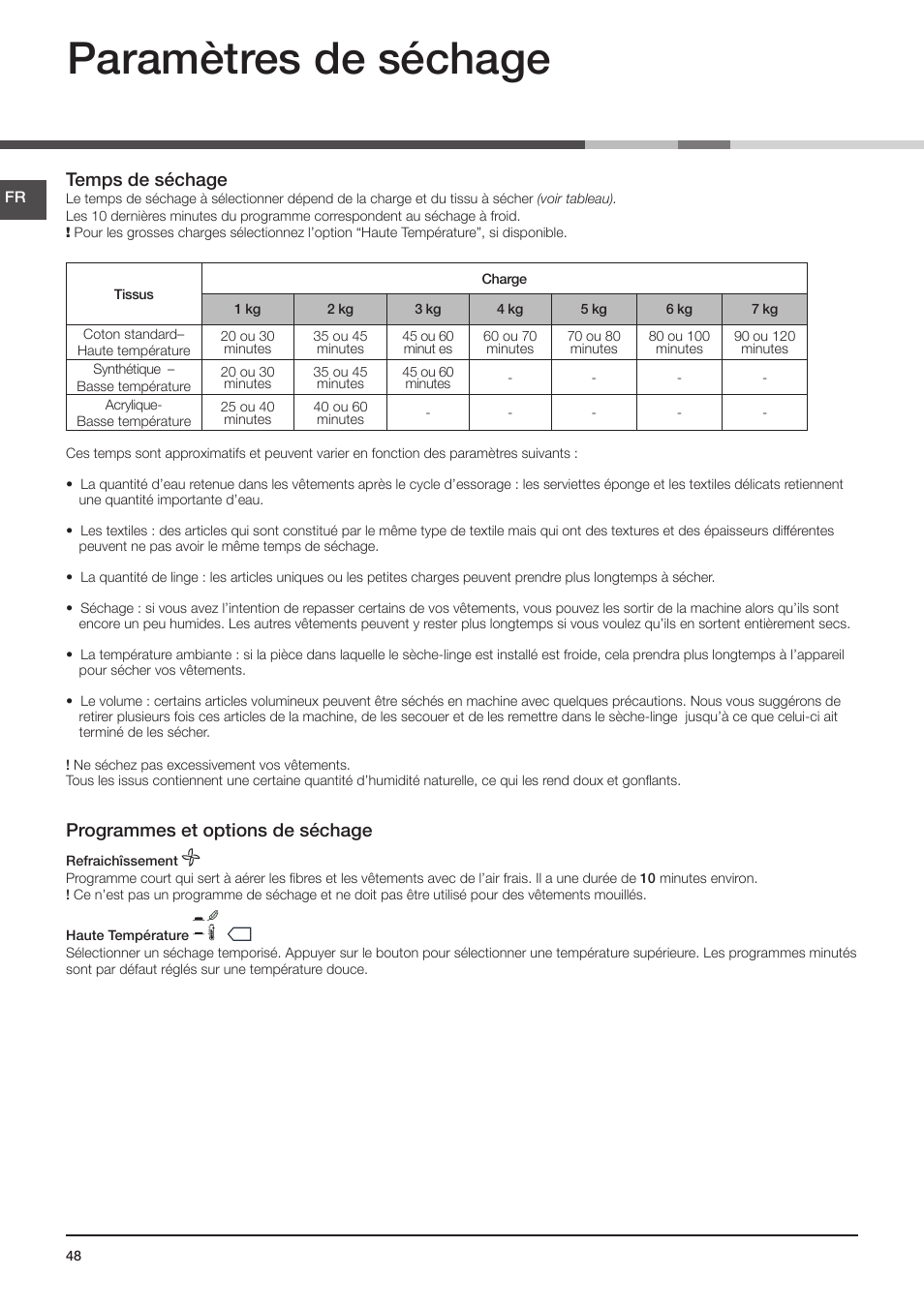 Paramètres de séchage, Temps de séchage, Programmes et options de séchage | Indesit IDV-75-(EU) User Manual | Page 48 / 70