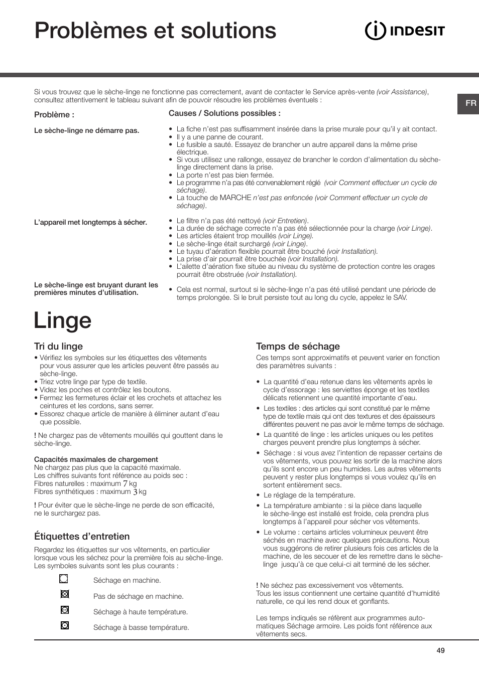Problèmes et solutions, Linge, Tri du linge | Étiquettes d’entretien, Temps de séchage | Indesit IDV-75-(EU) User Manual | Page 49 / 70