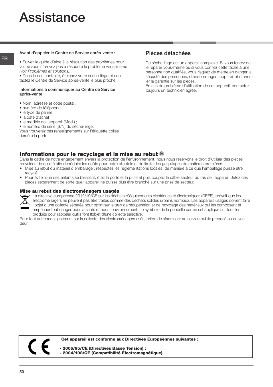 Assistance, Pièces détachées, Informations pour le recyclage et la mise au rebut | Indesit IDV-75-(EU) User Manual | Page 50 / 70