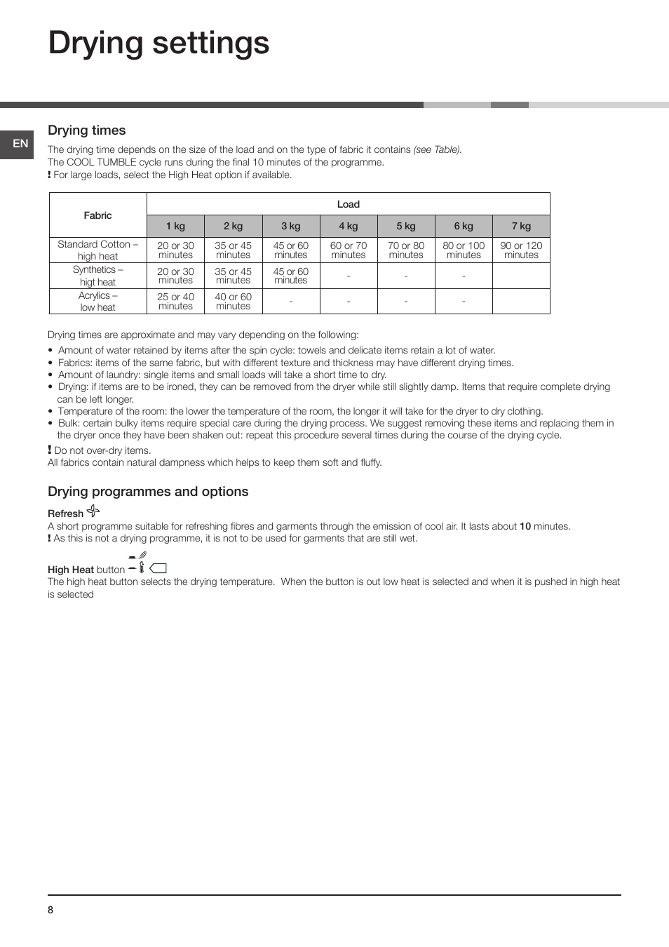 Drying settings, Drying times, Drying programmes and options | Indesit IDV-75-(EU) User Manual | Page 8 / 70