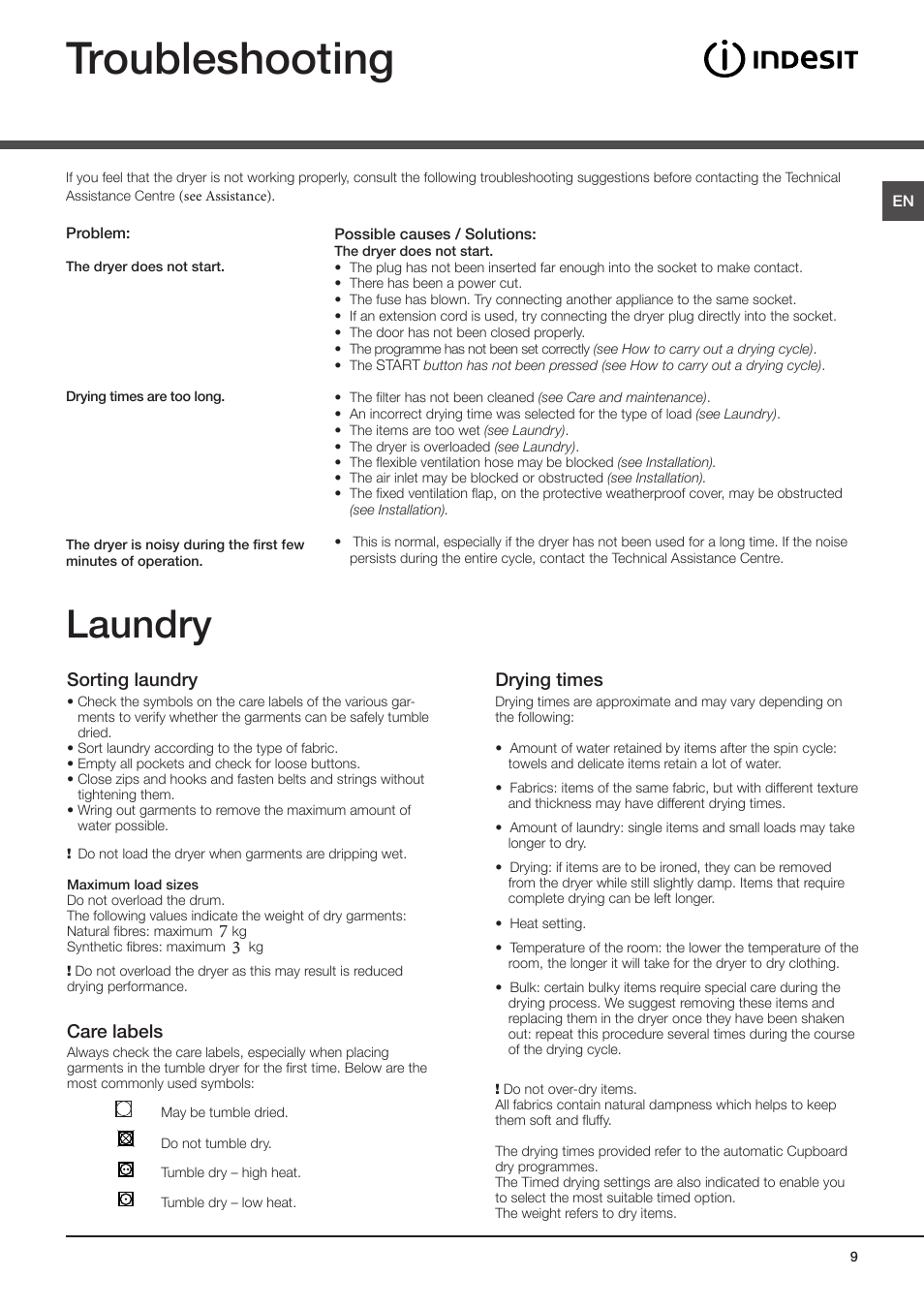 Troubleshooting, Laundry, Sorting laundry | Care labels, Drying times | Indesit IDV-75-(EU) User Manual | Page 9 / 70