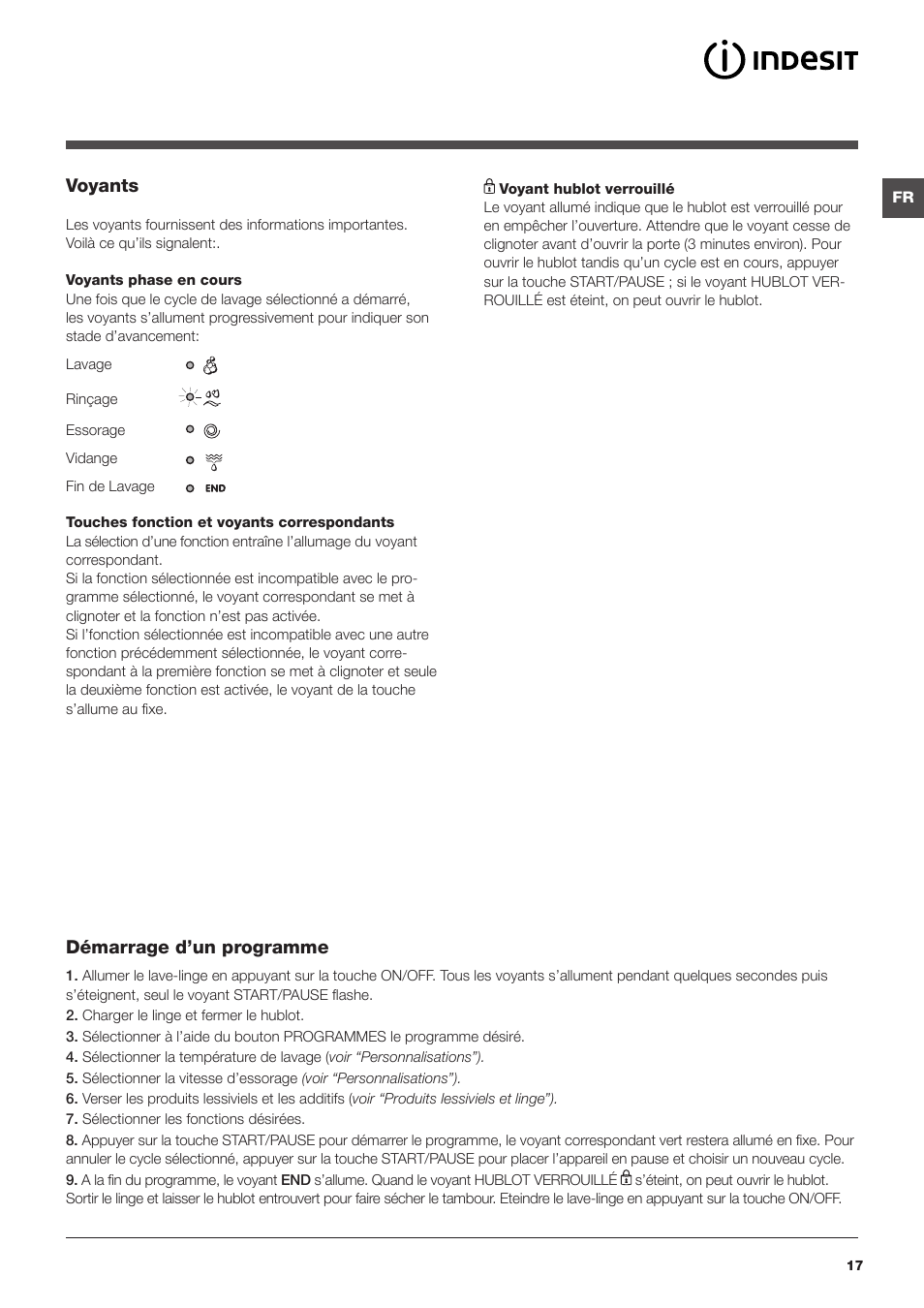 Voyants, Démarrage d’un programme | Indesit IWD-71051-C-ECO-(EU) User Manual | Page 17 / 84