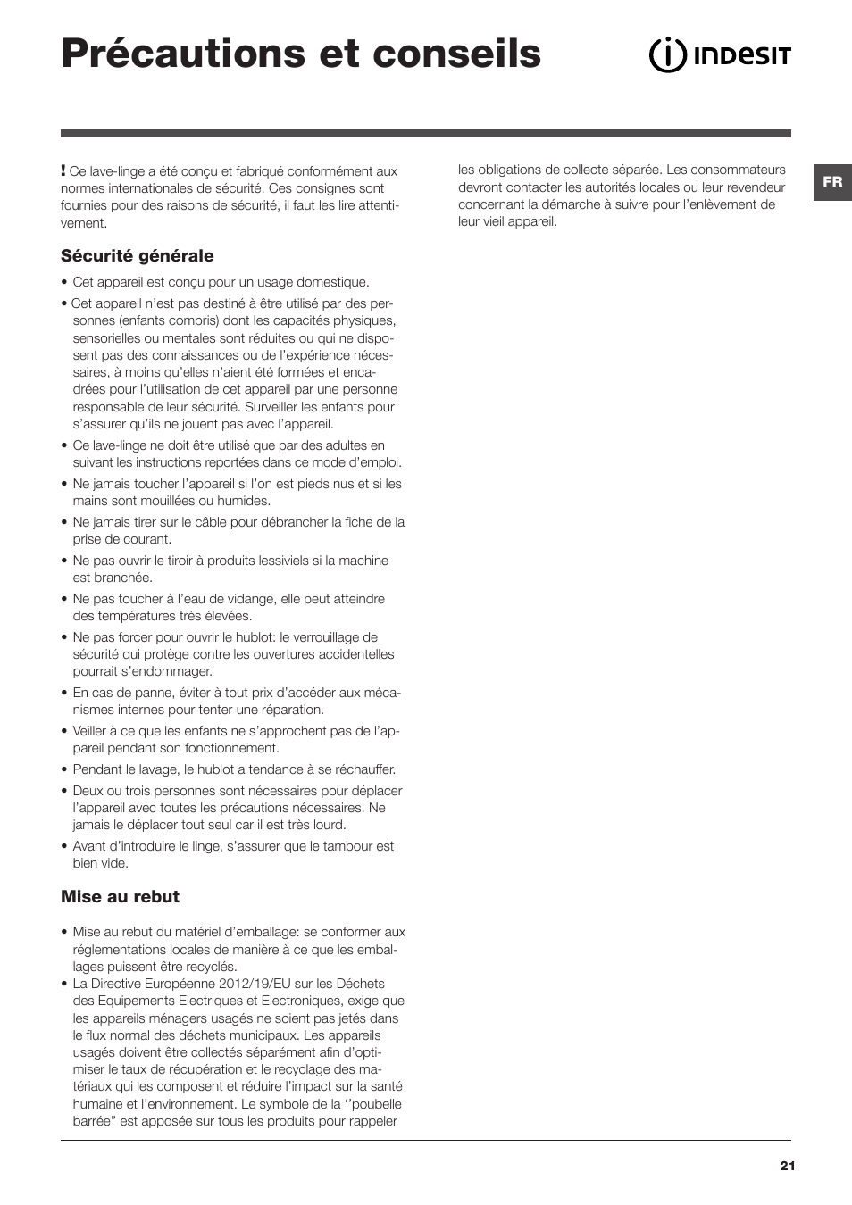 Précautions et conseils | Indesit IWD-71051-C-ECO-(EU) User Manual | Page 21 / 84