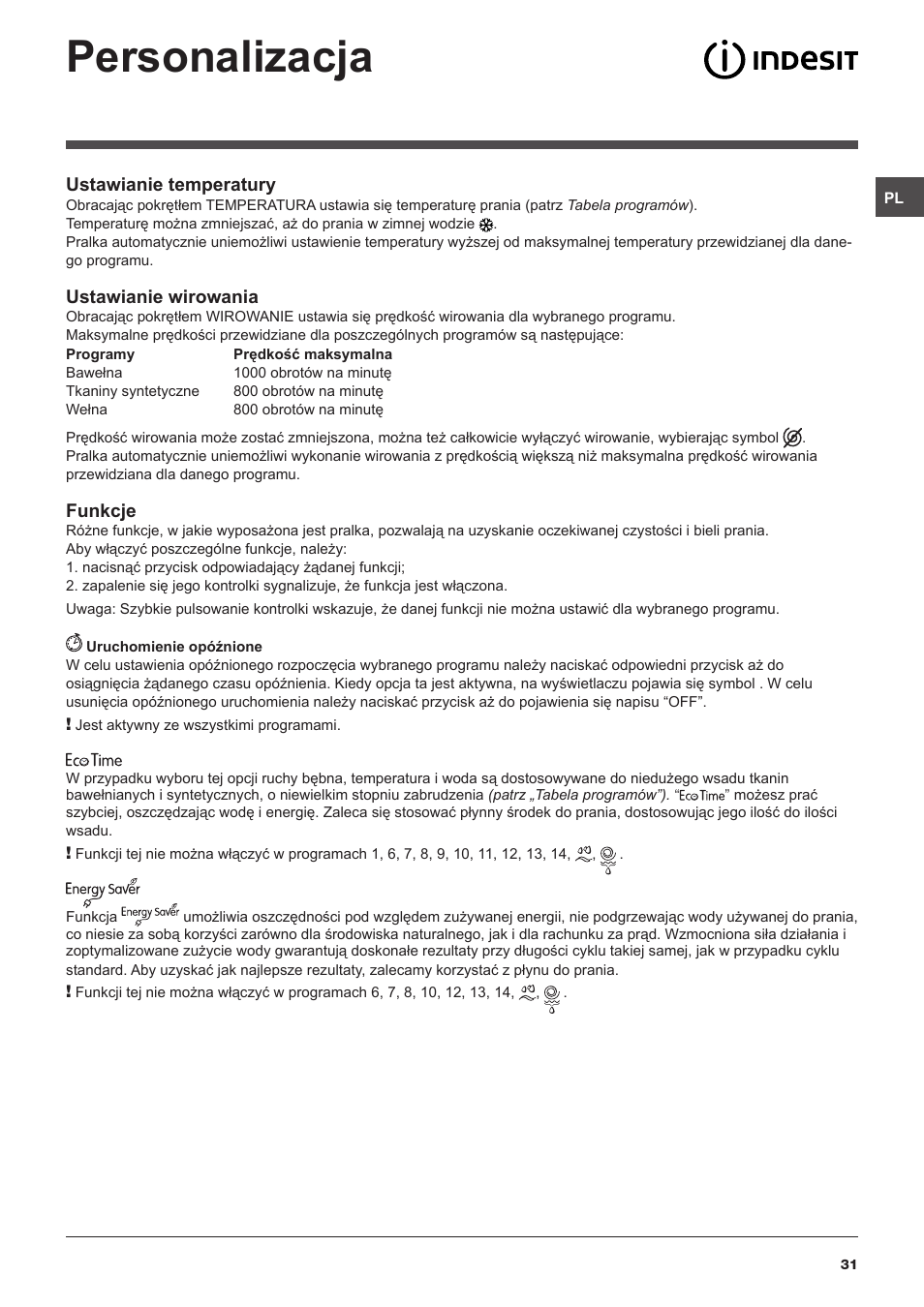 Personalizacja | Indesit IWD-71051-C-ECO-(EU) User Manual | Page 31 / 84