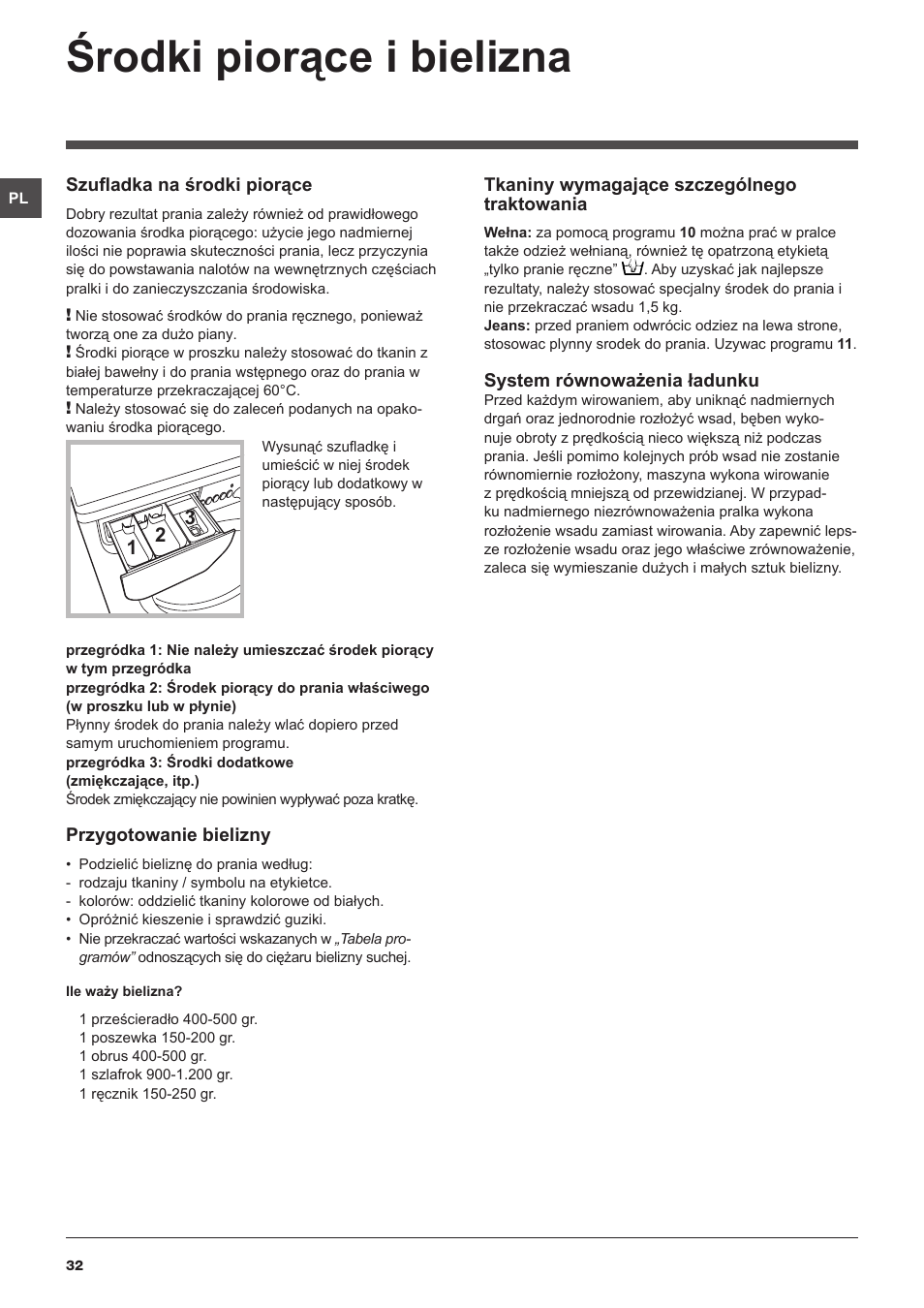 Środki piorące i bielizna | Indesit IWD-71051-C-ECO-(EU) User Manual | Page 32 / 84