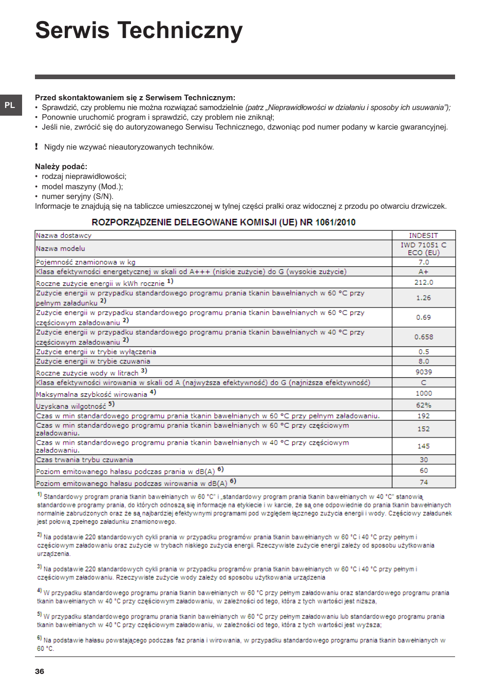 Serwis techniczny | Indesit IWD-71051-C-ECO-(EU) User Manual | Page 36 / 84