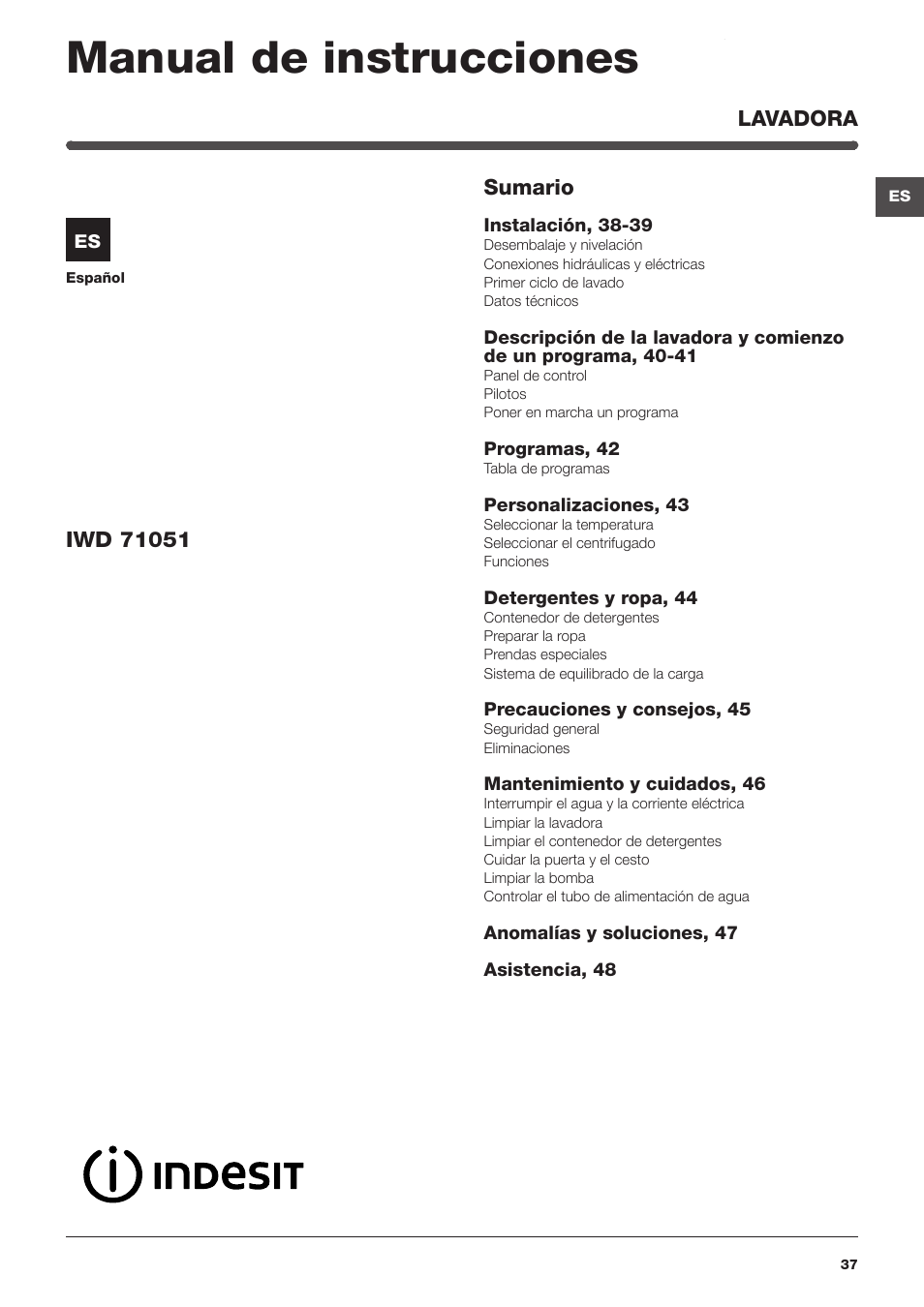 Manual de instrucciones | Indesit IWD-71051-C-ECO-(EU) User Manual | Page 37 / 84