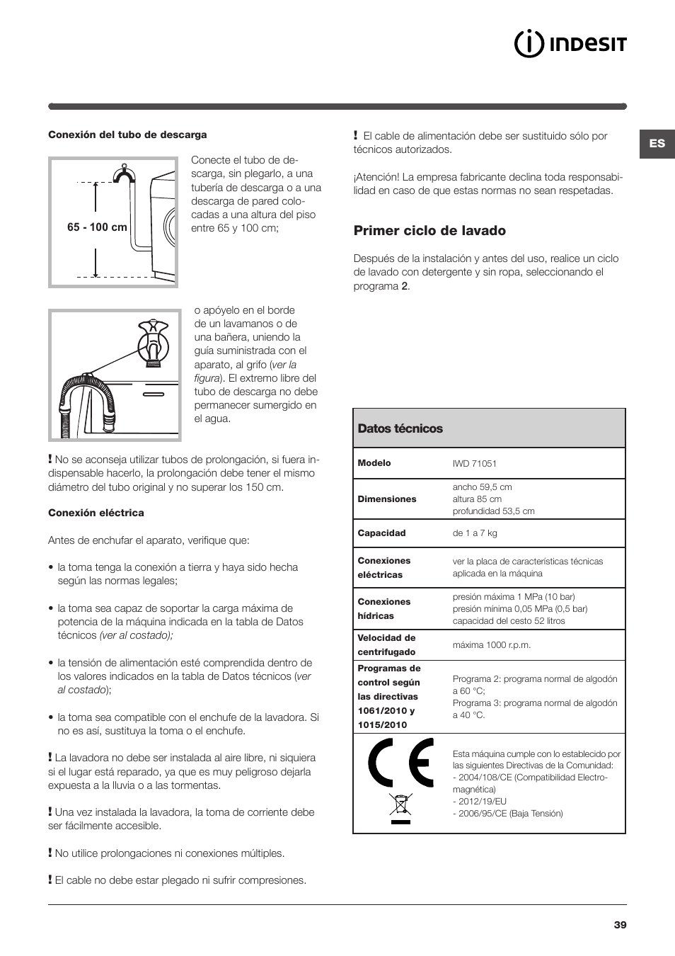 Primer ciclo de lavado | Indesit IWD-71051-C-ECO-(EU) User Manual | Page 39 / 84