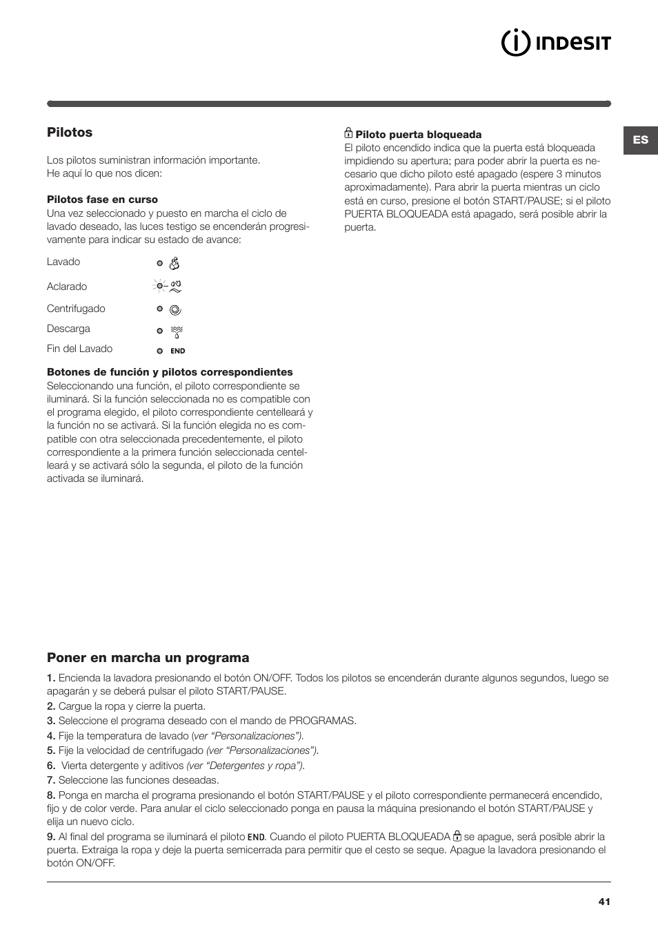 Pilotos, Poner en marcha un programa | Indesit IWD-71051-C-ECO-(EU) User Manual | Page 41 / 84