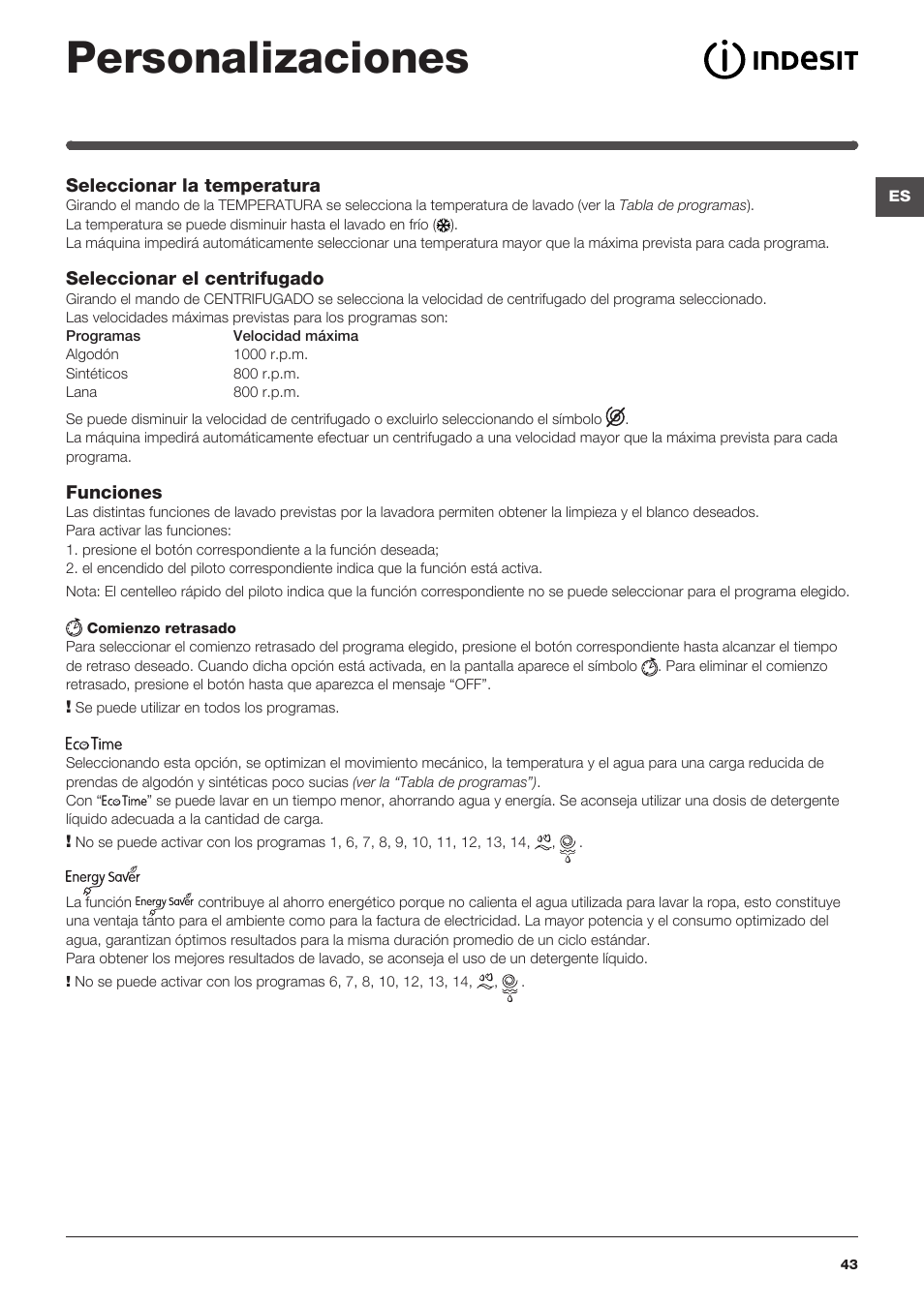 Personalizaciones | Indesit IWD-71051-C-ECO-(EU) User Manual | Page 43 / 84