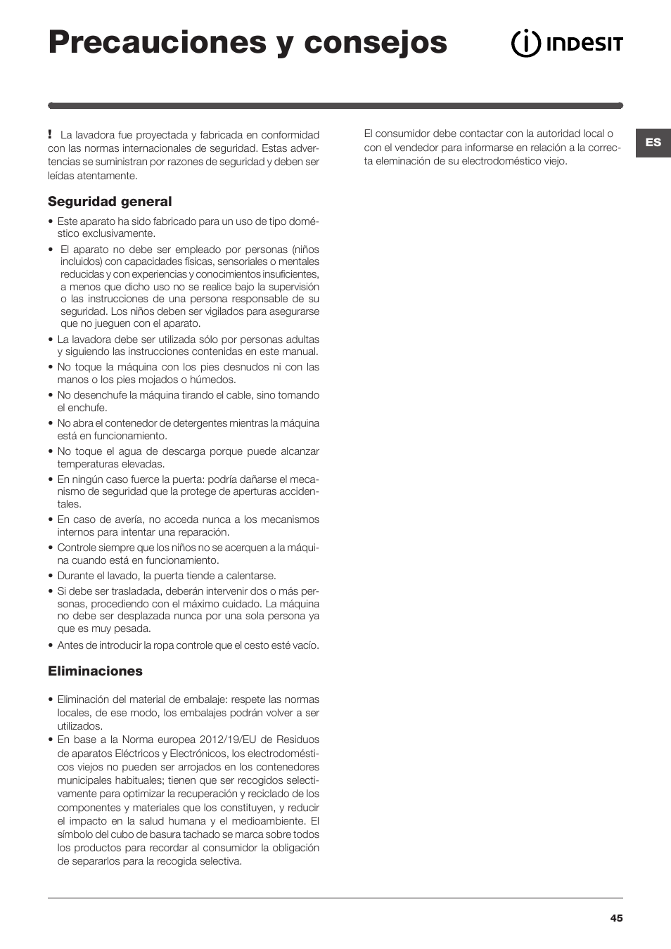 Precauciones y consejos | Indesit IWD-71051-C-ECO-(EU) User Manual | Page 45 / 84