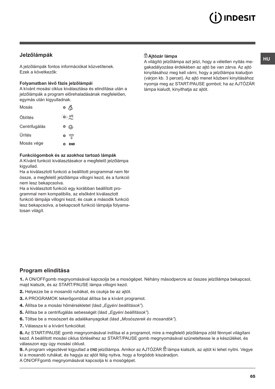 Jelzőlámpák, Program elindítása | Indesit IWD-71051-C-ECO-(EU) User Manual | Page 65 / 84