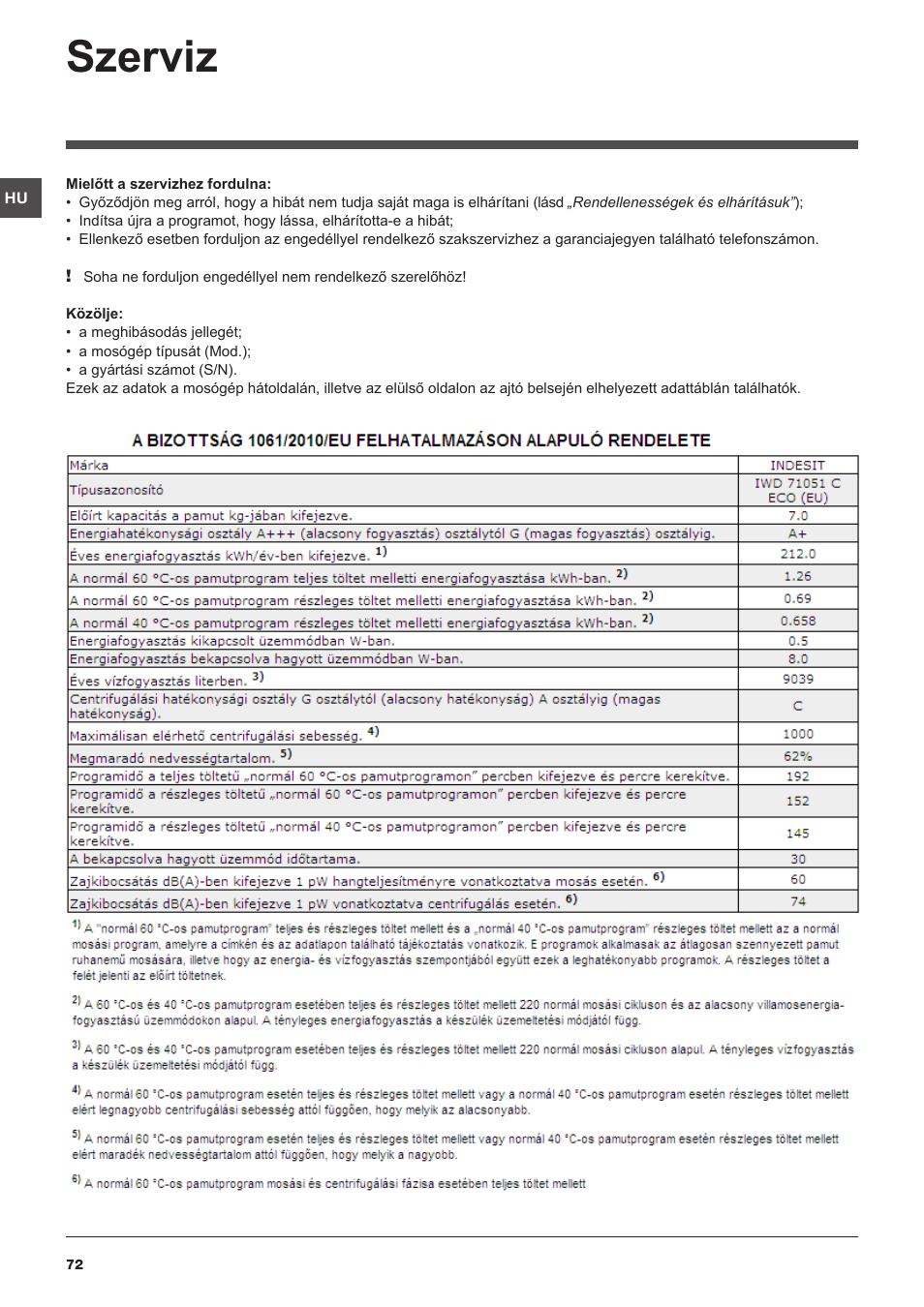 Szerviz | Indesit IWD-71051-C-ECO-(EU) User Manual | Page 72 / 84