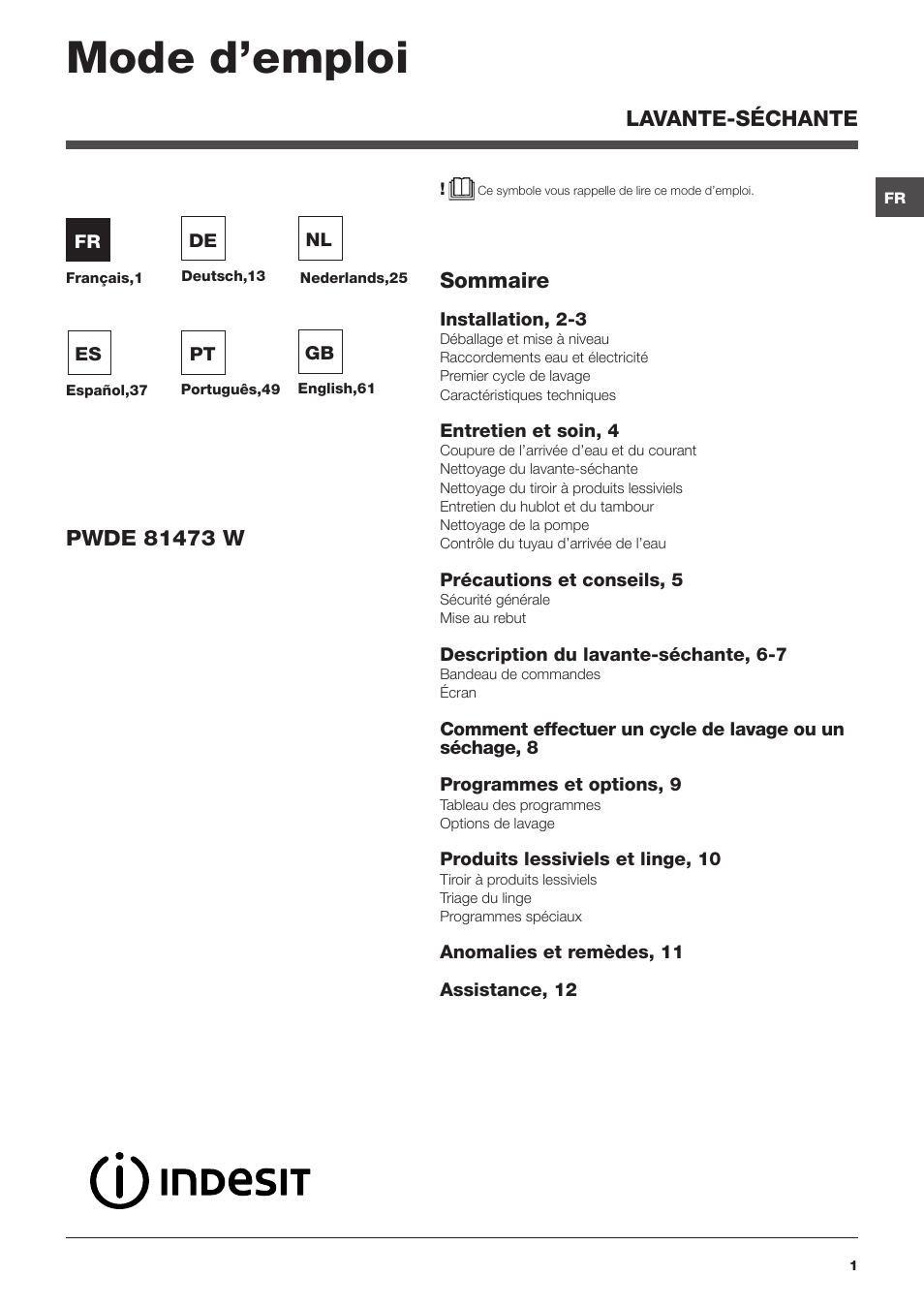 Indesit PWDE-81473-W-(EU) User Manual | 72 pages