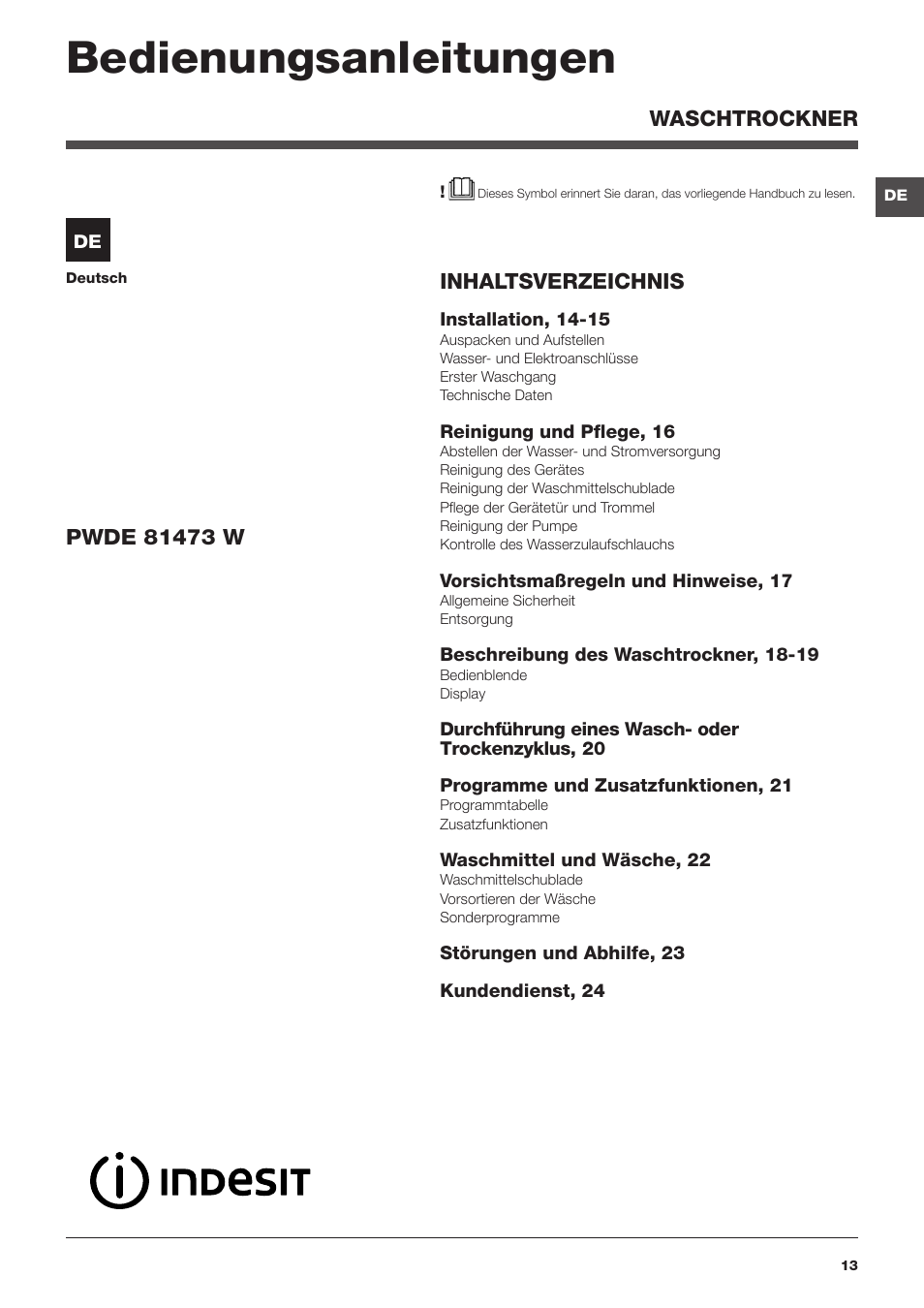 Bedienungsanleitungen, Waschtrockner inhaltsverzeichnis | Indesit PWDE-81473-W-(EU) User Manual | Page 13 / 72