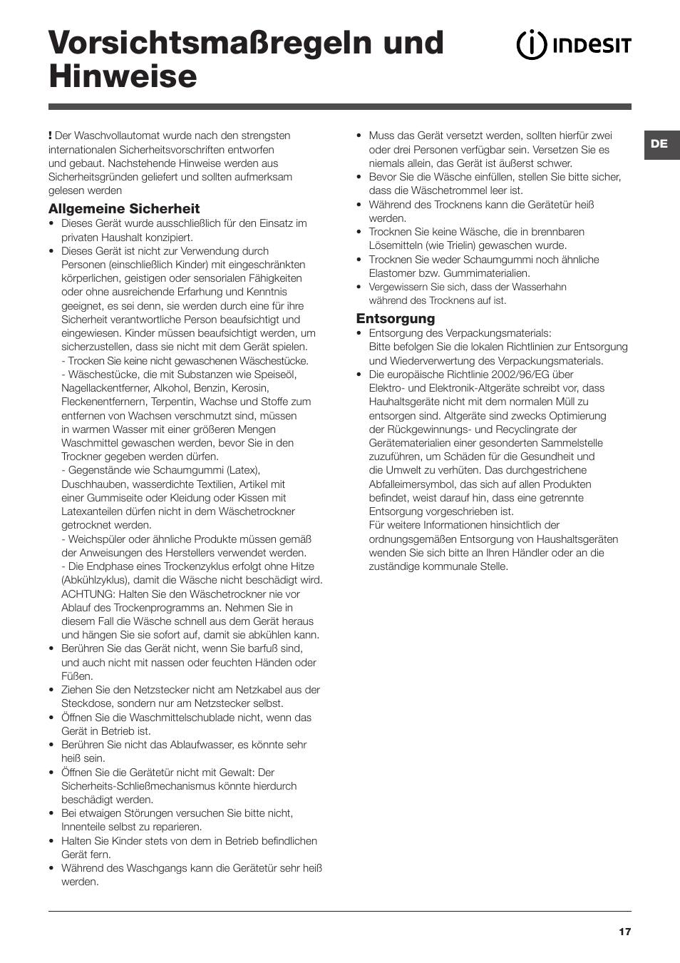 Vorsichtsmaßregeln und hinweise | Indesit PWDE-81473-W-(EU) User Manual | Page 17 / 72