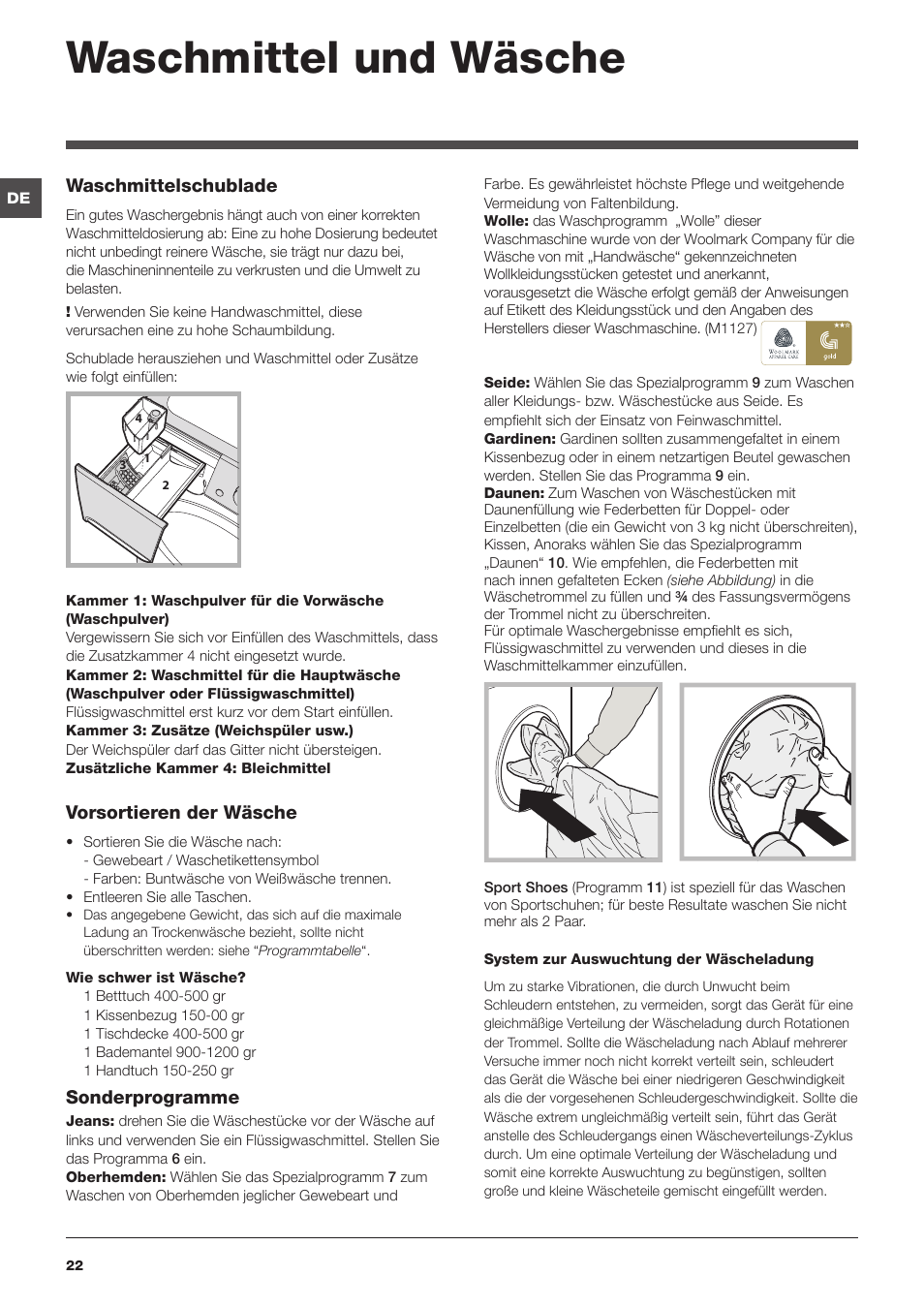 Waschmittel und wäsche | Indesit PWDE-81473-W-(EU) User Manual | Page 22 / 72