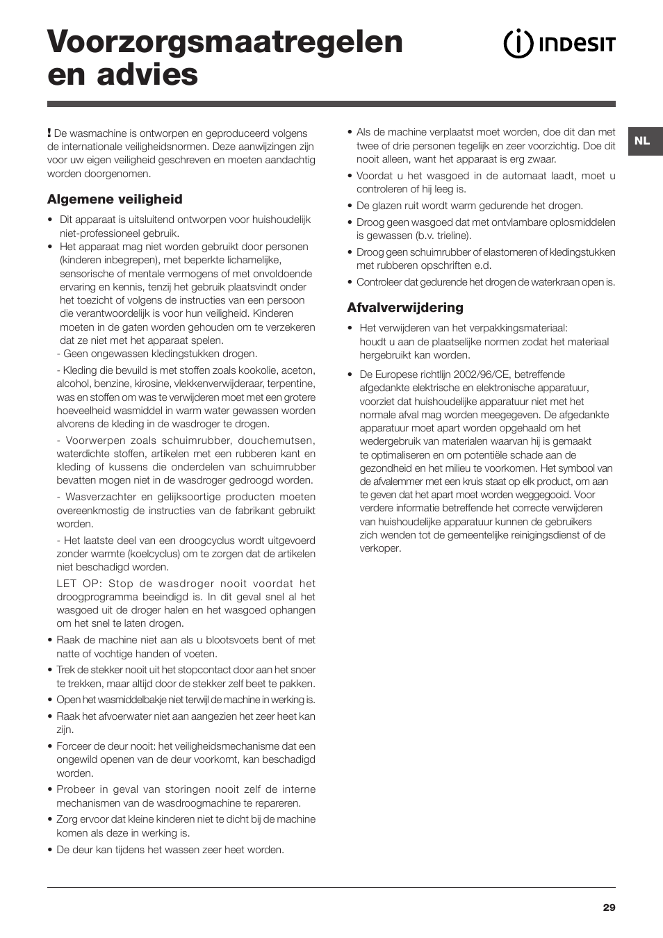 Voorzorgsmaatregelen en advies | Indesit PWDE-81473-W-(EU) User Manual | Page 29 / 72