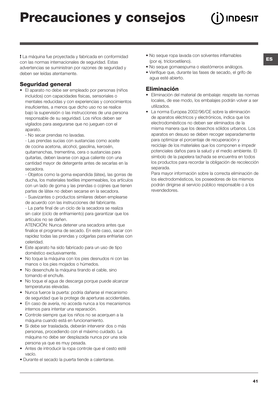 Precauciones y consejos | Indesit PWDE-81473-W-(EU) User Manual | Page 41 / 72