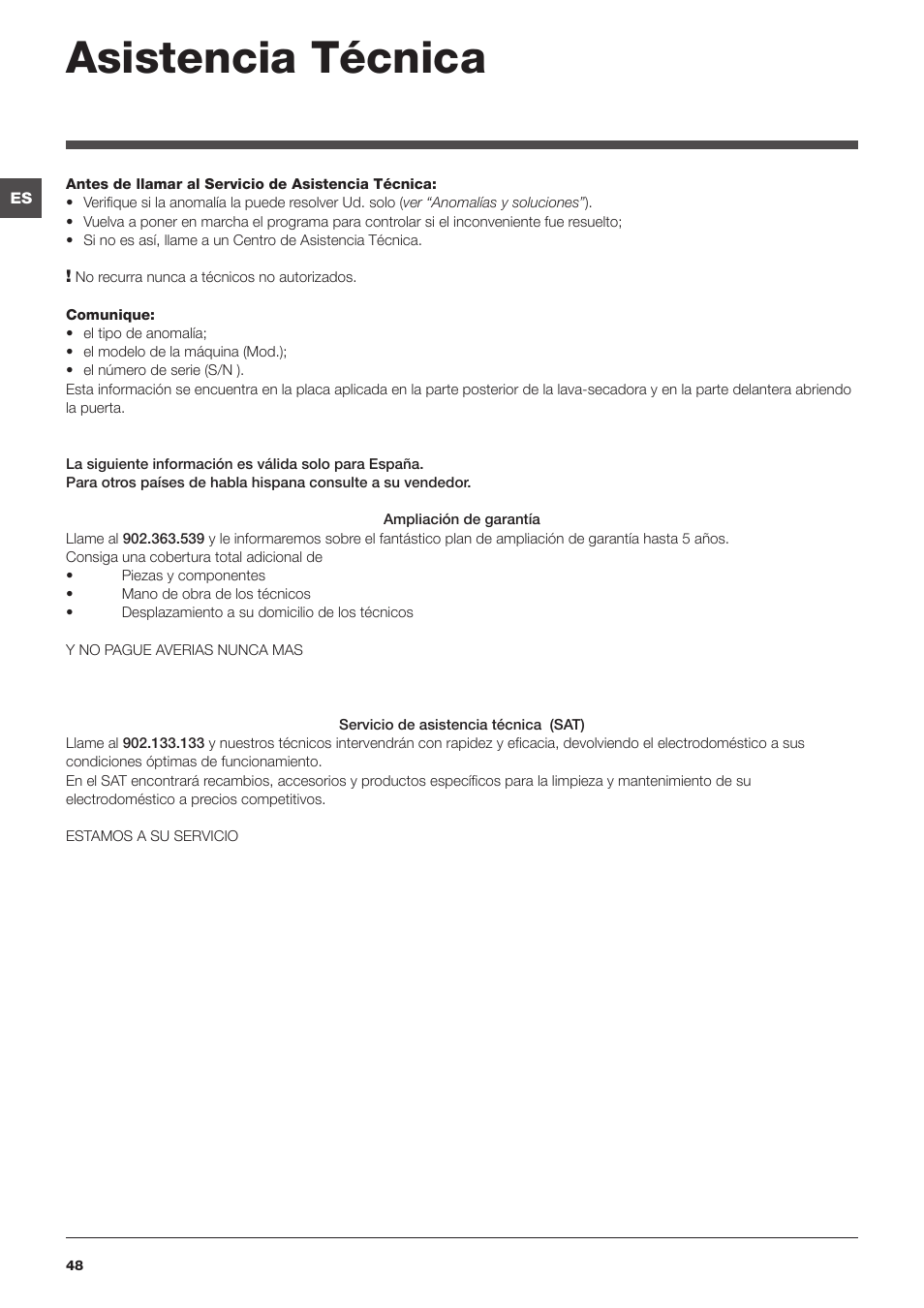 Asistencia técnica | Indesit PWDE-81473-W-(EU) User Manual | Page 48 / 72