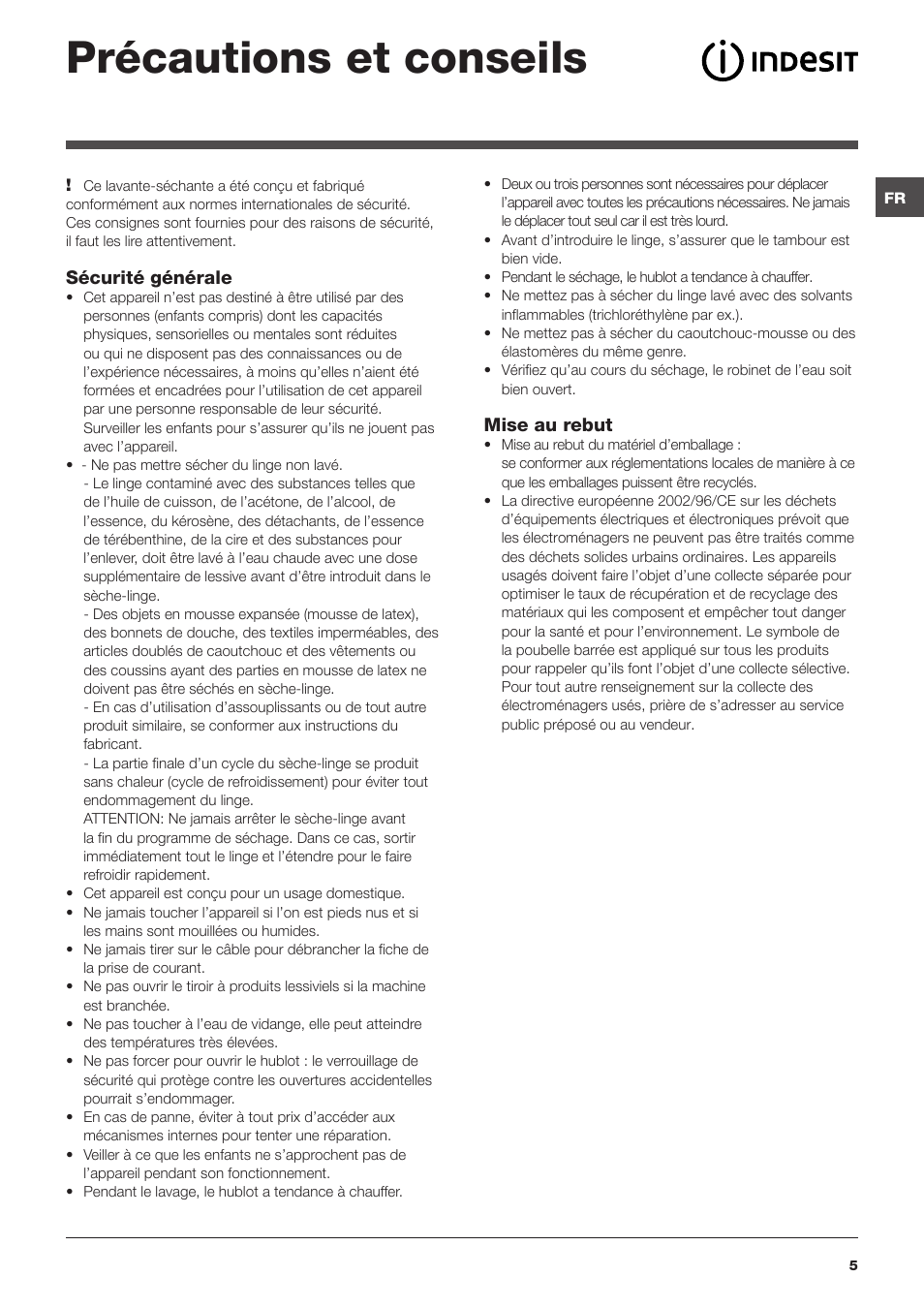 Précautions et conseils | Indesit PWDE-81473-W-(EU) User Manual | Page 5 / 72